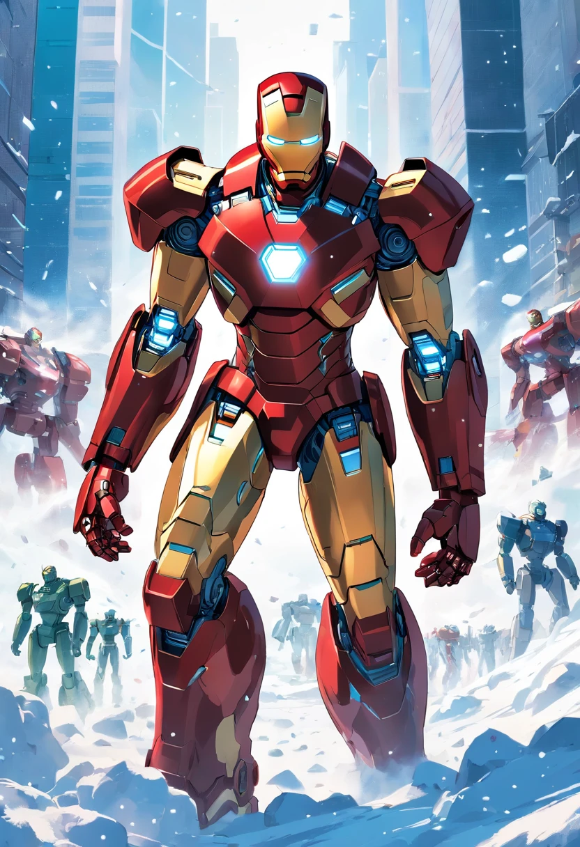 Iron Man battles an army of robots on a snowy battlefield, full bodyesbian, far, AB JLEE3, Complex facial details for all characters, Expressive eyes and nose and mouth, unzoom, author:Jim Lee Right Section Centered, Key, Visual, Complex, Highly Detailed, Breathtaking, Precise Line Art, Vibrant Panorama Film