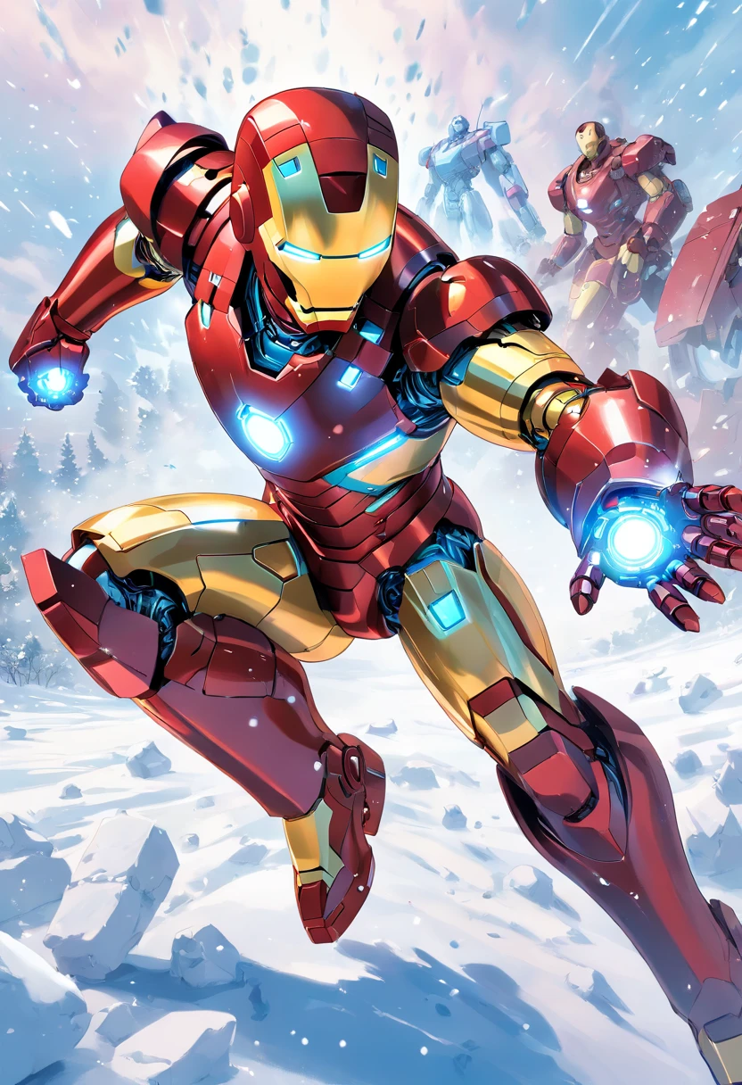 Iron Man battles an army of robots on a snowy battlefield, full bodyesbian, far, AB JLEE3, Complex facial details for all characters, Expressive eyes and nose and mouth, unzoom, author:Jim Lee Right Section Centered, Key, Visual, Complex, Highly Detailed, Breathtaking, Precise Line Art, Vibrant Panorama Film