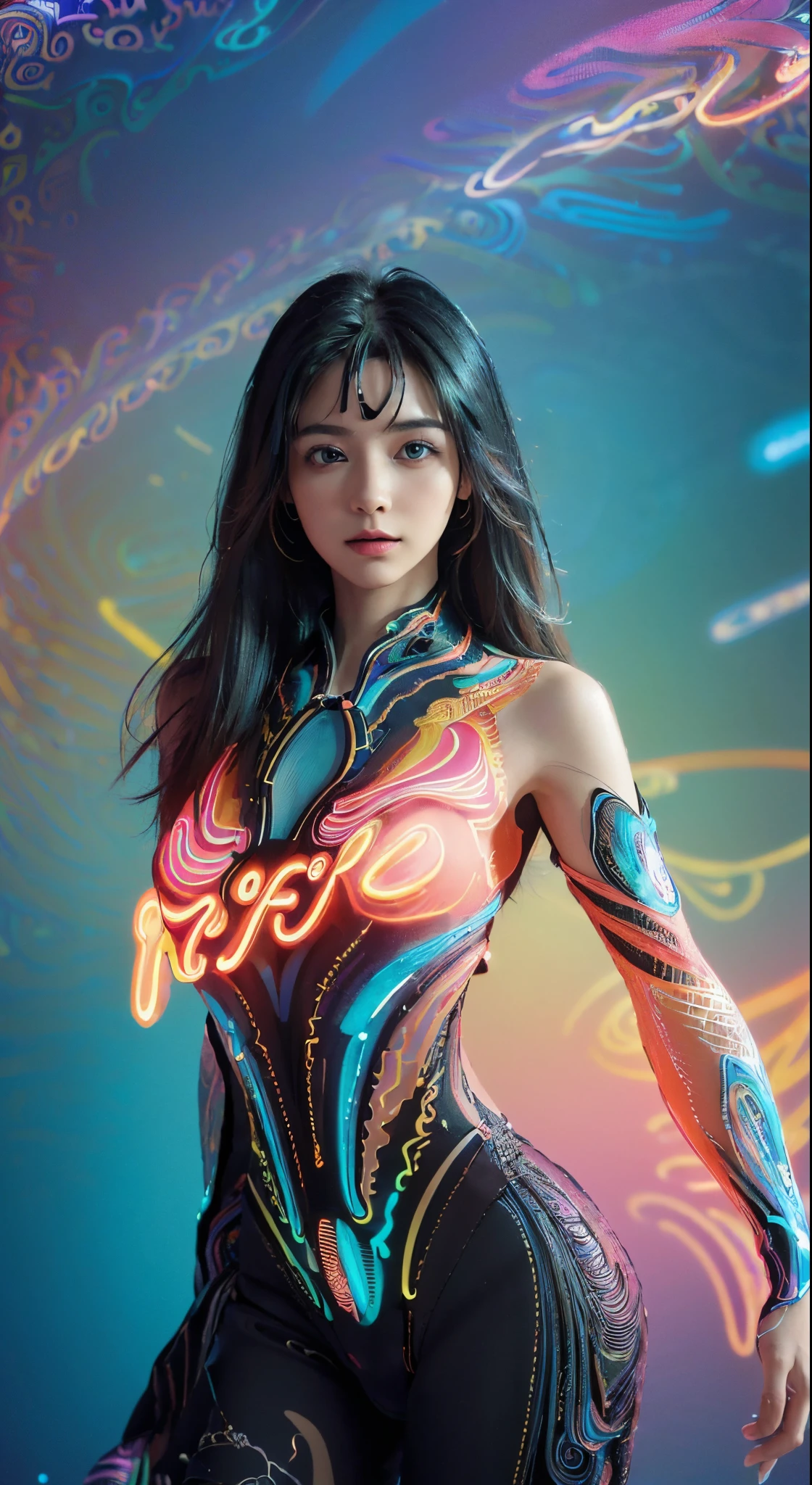 (masterpiece, top quality, best quality, official art, beautiful and aesthetic:1.2), (1girl:1.3), extremely detailed,(fractal art:1.2),colorful,highest detailed,( zentangle neon:1.2), (dynamic pose), (abstract background neon:1.5), (treditional dress:1.2), (shiny skin), (many colors:1.4), upper body ,Neon,16K,Full HD