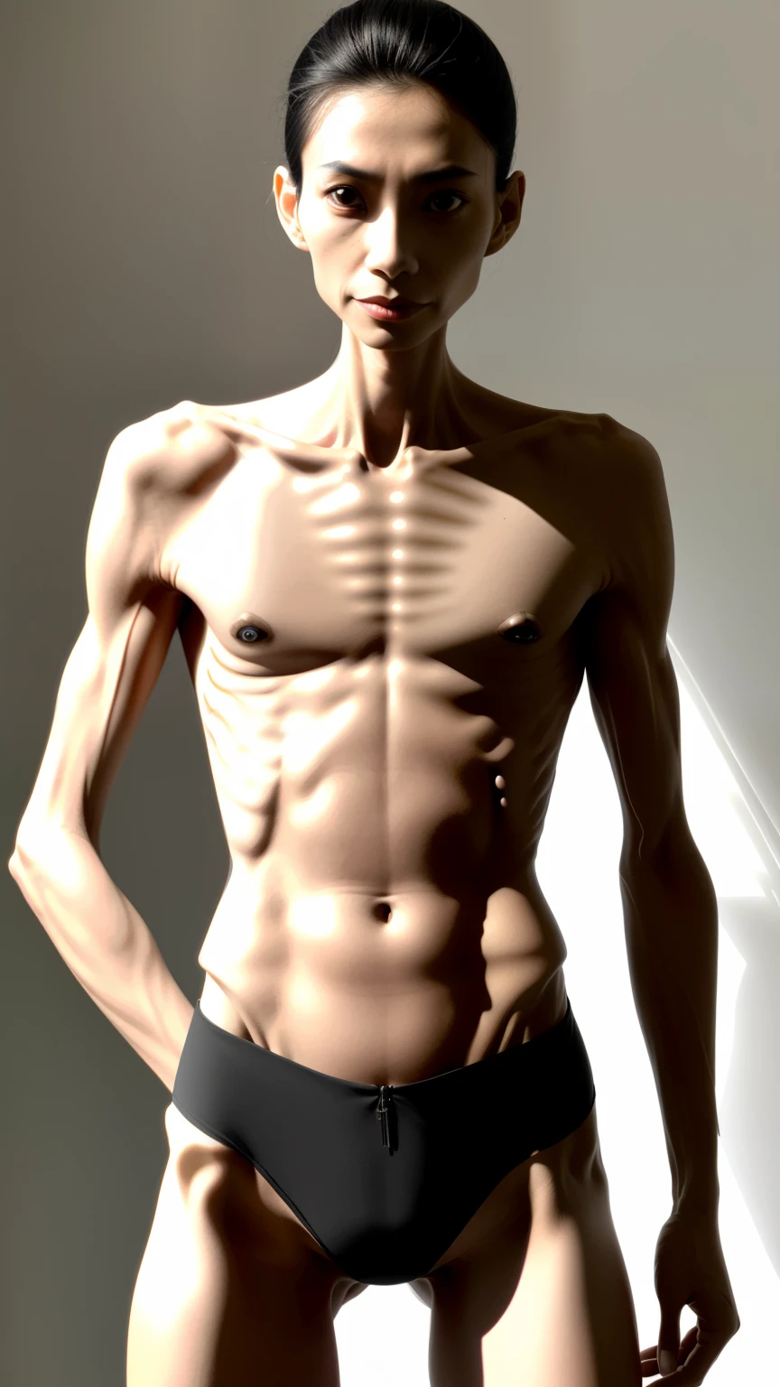 very thin woman,The body is extremely thin,Protruding sternum,The waist is very thin,The ribs are noticeable,Protruding ribs,The pelvic protrusion is very obvious,Pelvic width,Legs are just skin and bones,thin shoulde,The waist is very thin,Sunken abdomen,Delicate arms,arm muscle atrophy,hunger,sunken lower abdomen,Asia face,The waist is particularly thin,grieves,weeping,Excessive weight loss,The face is sunken and thin,Severe malnutrition,hunger,thin shoulde