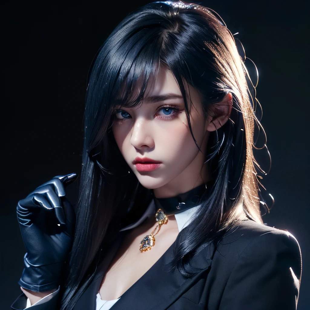 (((masterpiece))), 8k cg, best quality, intricate details, chromatic aberration, ((bust shot)), ((looking at the viewer)), 1girl, ((Character((Ouro Kronii)), playful frown, closed mouth, soft lips, dark blue eyes)), soft face, cute features, cute facial features, blush, long lashes, ((long strength hair, ((dark blue hair)), bob, straight bangs)), ((KroniiMafia, hair intakes, collared shirt, necktie, formal, suit, gloves, pants, choker)), defined body, slender, curvy, (((background(((dark background)), fog)))
