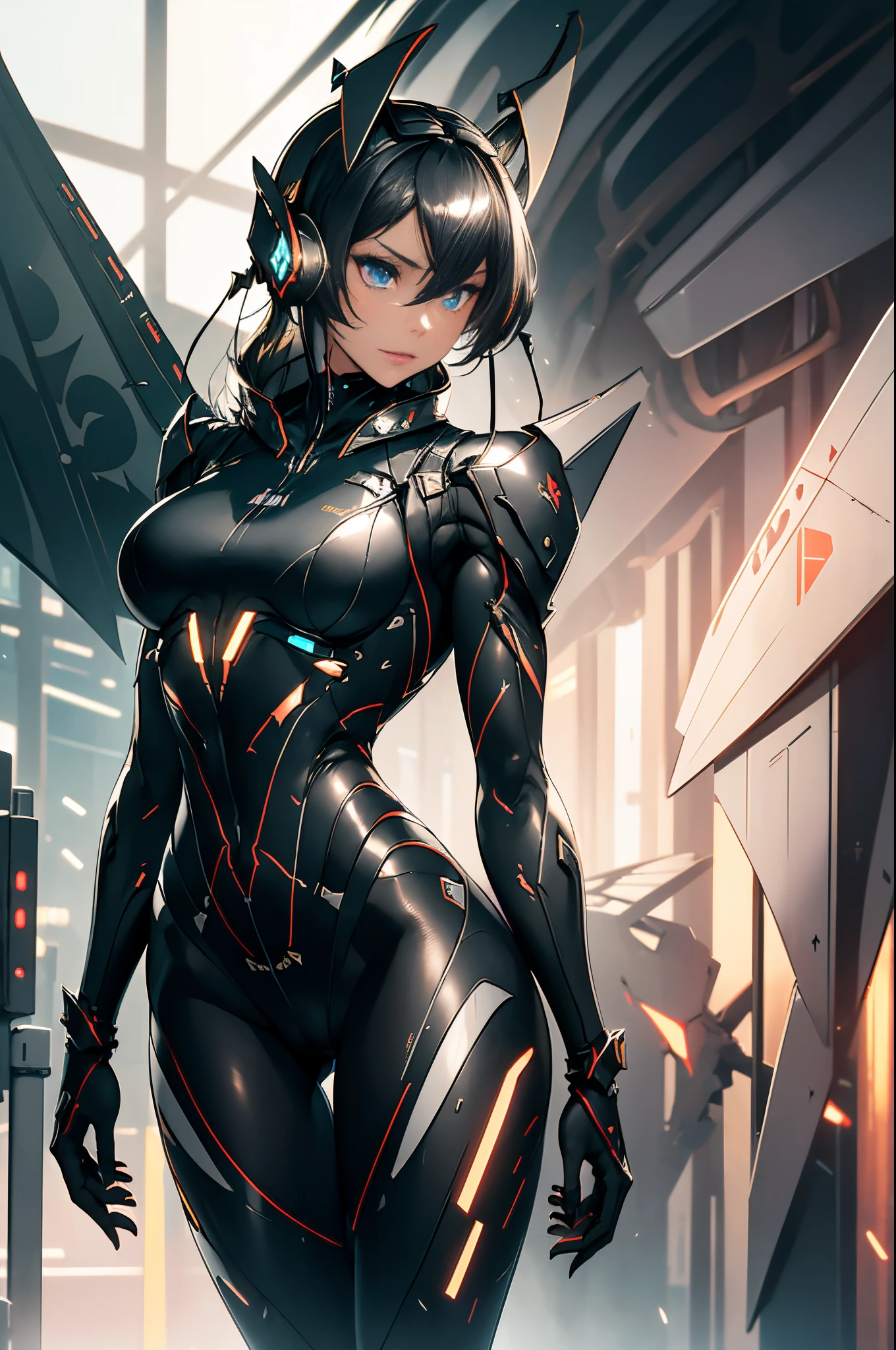 {{{{{masterpiece, best quality, official art, 8k, high resolution illustration}}}}}, 1girl, cute, 2d, japanese, hand drawn, anime style, girl in a smooth curve, matte black bodysuit inspired by a futuristic stealth bomber, (plane tail-ear headphones:1.6), The United States Air Force logo on outfit, standing on a runway military airport, gaze angled 30 degrees to the side, (fighter plane wings:1.6), black hair, blue eyes, glowing eyes, dark uniform, thick thighs, serious, long legs, adult, detail wings, (muscular girl:1.5), black uniform, muscular arms, triceps, biceps, (8-pack abs:1.3), (deadly:1.2), (horrible:1.2), (piercing gaze:1.2), machine of death, emotionless android, the most dangerous weapon of the world, cyborg girl, strong girl, overwhelming presence, warlord, humamized fighter, red antennas on head, {black bodysuit}, black latex pants, lips