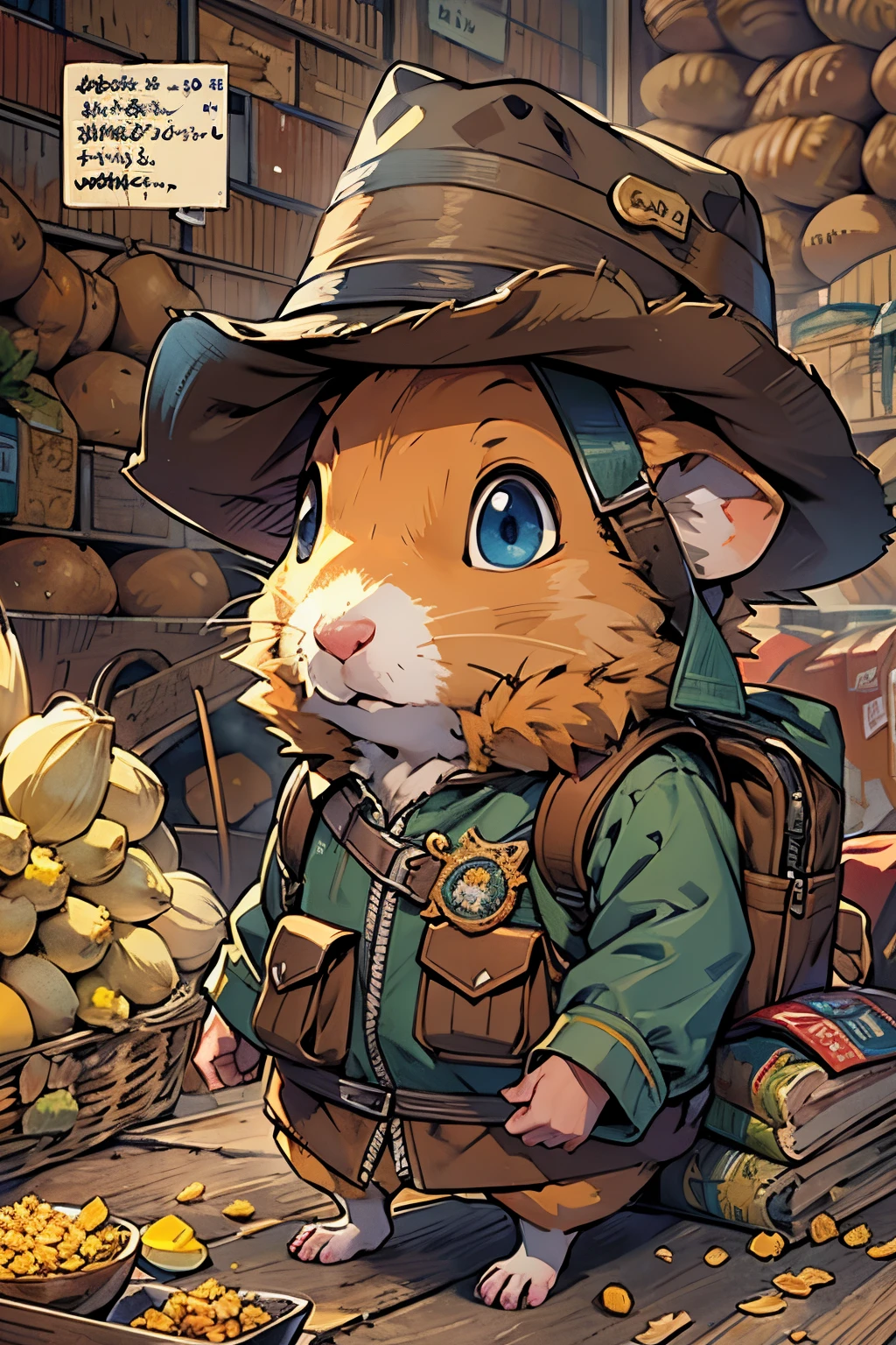 Hamster Adventurer,adventurer clothing,adventurer hat,backpacks,Low angle viewing angle,Huge warehouse,Rich in ingredients,potatoes,corn flake,soybean,appearance,pine nut,peanuts,walnuts,high saturated,hight contrast,vivd colour,mysterious hallucination,hyper realisitc,ultra real photo,ultra - detailed,ultraclear,hyper-detailing,tmasterpiece