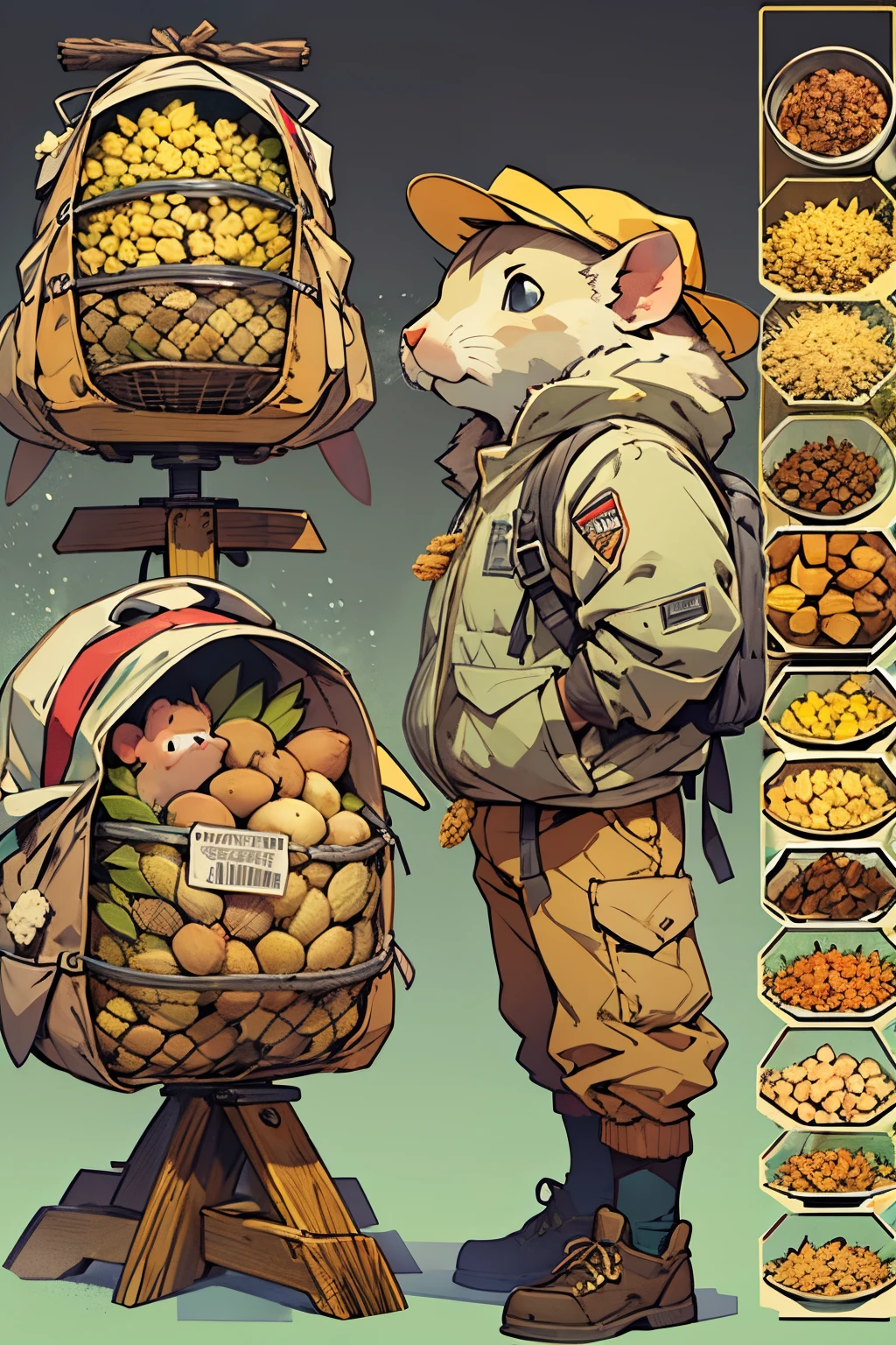 Hamster Adventurer，adventurer clothing，adventurer hat，backpacks，Low angle viewing angle，Huge warehouse，Rich in ingredients，potatoes，corn flake，soybean，appearance，pine nut，peanuts，walnuts，high saturated，hight contrast，vivd colour，mysterious hallucination，hyper realisitc，ultra real photo，ultra - detailed，ultraclear，hyper-detailing，tmasterpiece