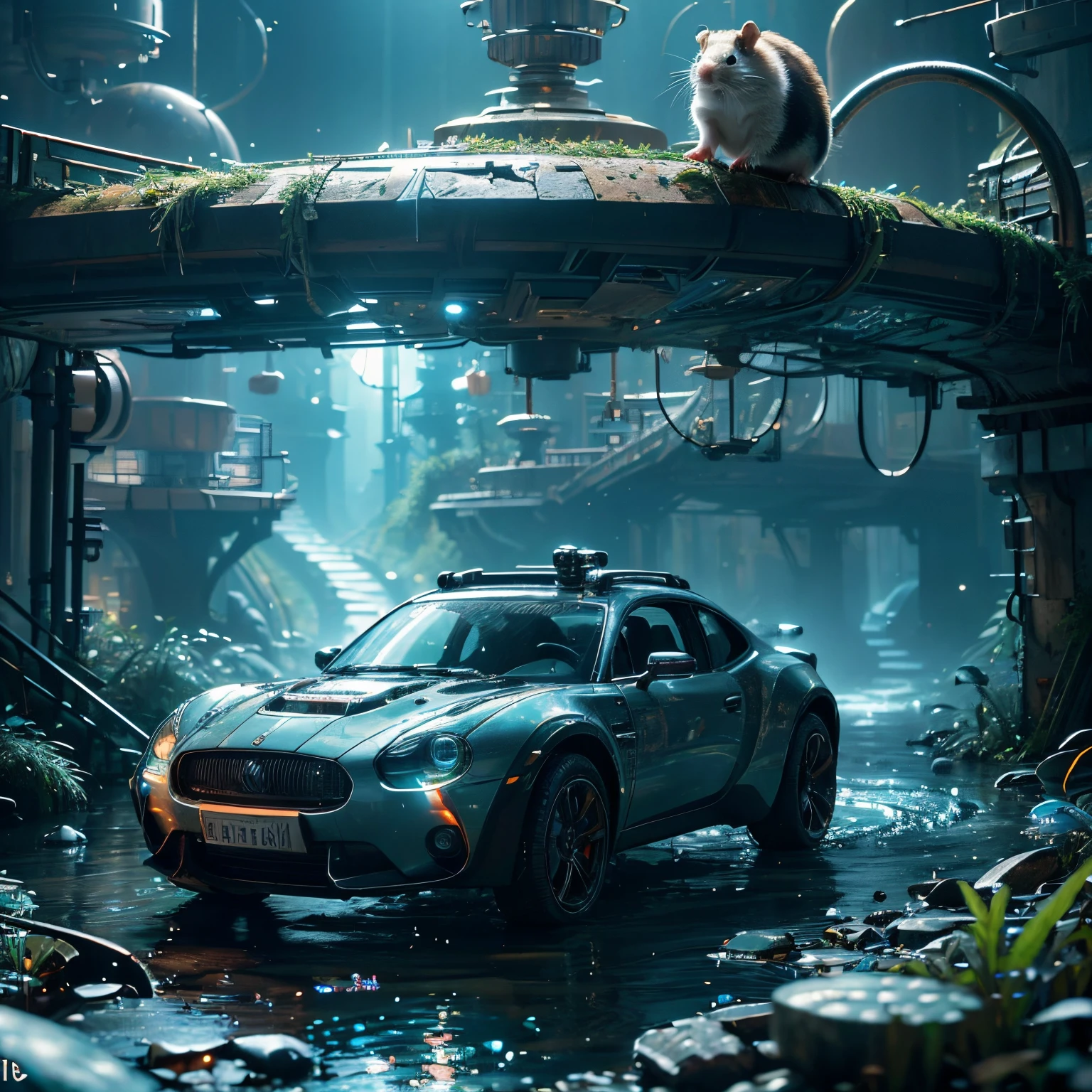 (future hamster:1.3),tmasterpiece，Basic Quality，realistically，offcial art，The content is very detailed，tmasterpiece，Best quality，（The is very detailed的 CG unified 8k 壁纸），（Best quality），（The best illustrations），（The best shadow），Very detailed pictures，（8K，Best quality），A stream flows through an abandoned city，Mechanical hamster in the stream，cyberpunk hamster，sci-fy，Gothic，hyper realisitc，（Luminous illumination， ambientlighting）， chilly， gloomily， magical，