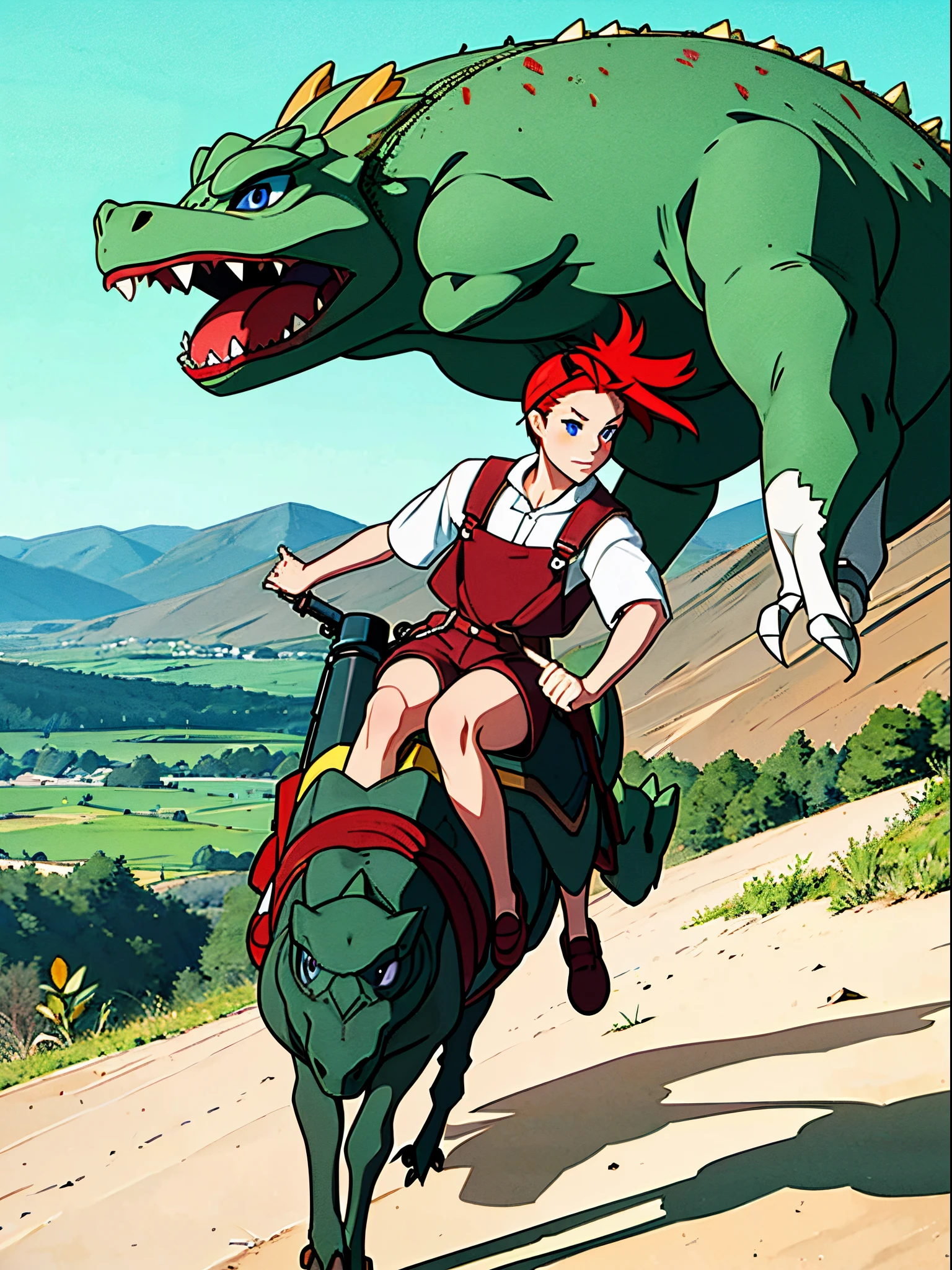 A red hair，Wearing goggles on head，Wear white overalls，Carrying a big backpack on the back，Riding in the desert with blue eyes，Green dinosaur lizard monster running