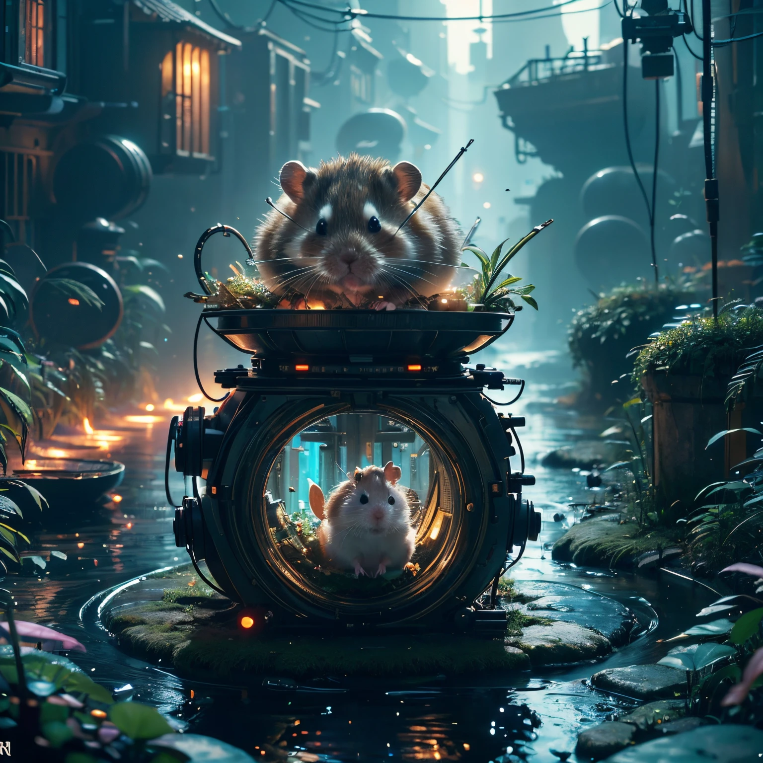 (future hamster:1.3),tmasterpiece，Basic Quality，realistically，offcial art，The content is very detailed，tmasterpiece，Best quality，（The is very detailed的 CG unified 8k 壁纸），（Best quality），（The best illustrations），（The best shadow），Very detailed pictures，（8K，Best quality），A stream flows through an abandoned city，Mechanical hamster in the stream，cyberpunk hamster，sci-fy，Gothic，hyper realisitc，（Luminous illumination， ambientlighting）， chilly， gloomily， magical，
