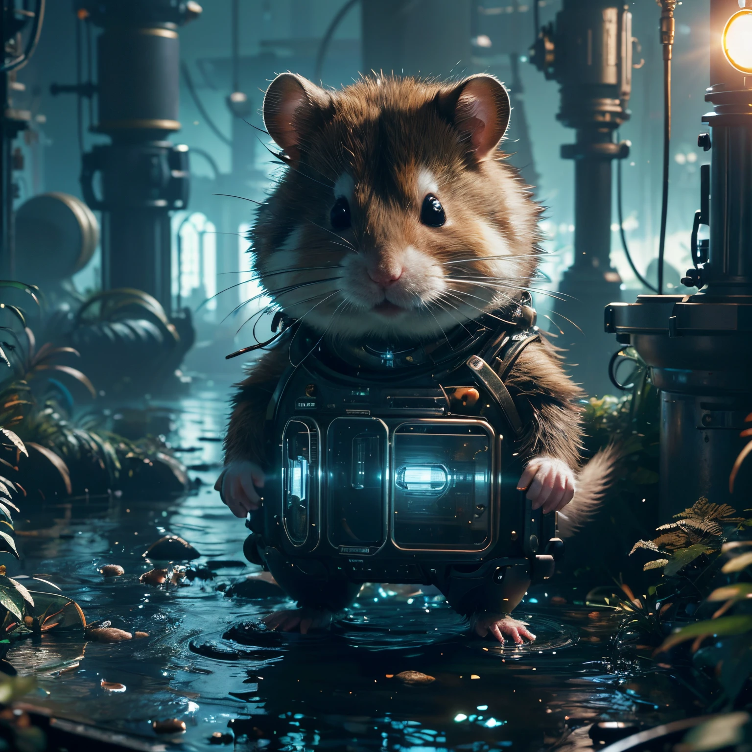 (future hamster:1.3),tmasterpiece，Basic Quality，realistically，offcial art，The content is very detailed，tmasterpiece，Best quality，（The is very detailed的 CG unified 8k 壁纸），（Best quality），（The best illustrations），（The best shadow），Very detailed pictures，（8K，Best quality），A stream flows through an abandoned city，Mechanical hamster in the stream，cyberpunk hamster，sci-fy，Gothic，hyper realisitc，（Luminous illumination， ambientlighting）， chilly， gloomily， magical，