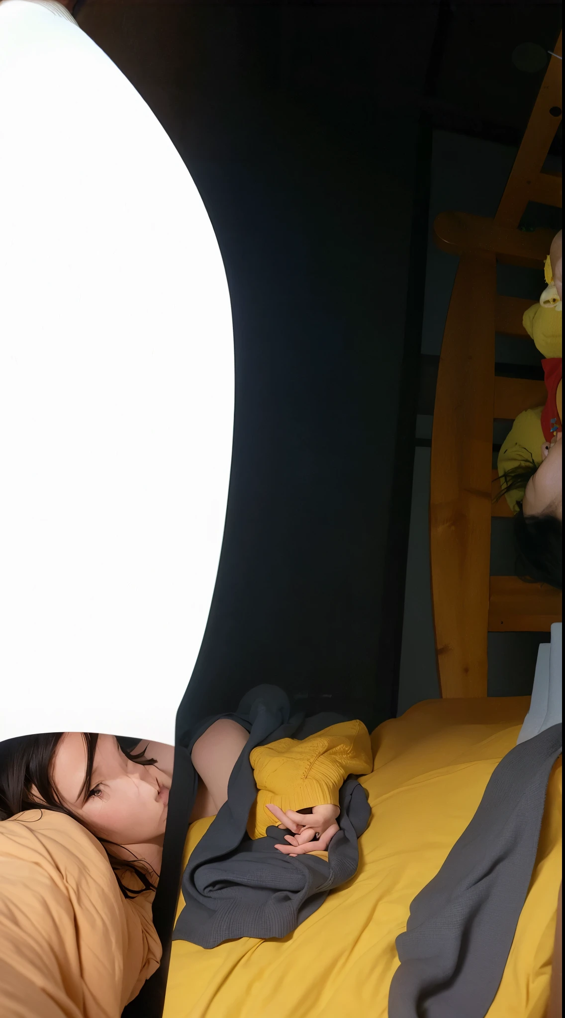 There is a woman lying on a bed with a yellow blanket, touching her clothes, Posing in the bedroom, taken with the best dlsr camera, Sitting on the bed, lying on one's side on bed, shy looking down, Bottom Angle, captured with sony a3 camera, uhd candid photo of dirty, sitting in bedroom, she is about 1 6 years old