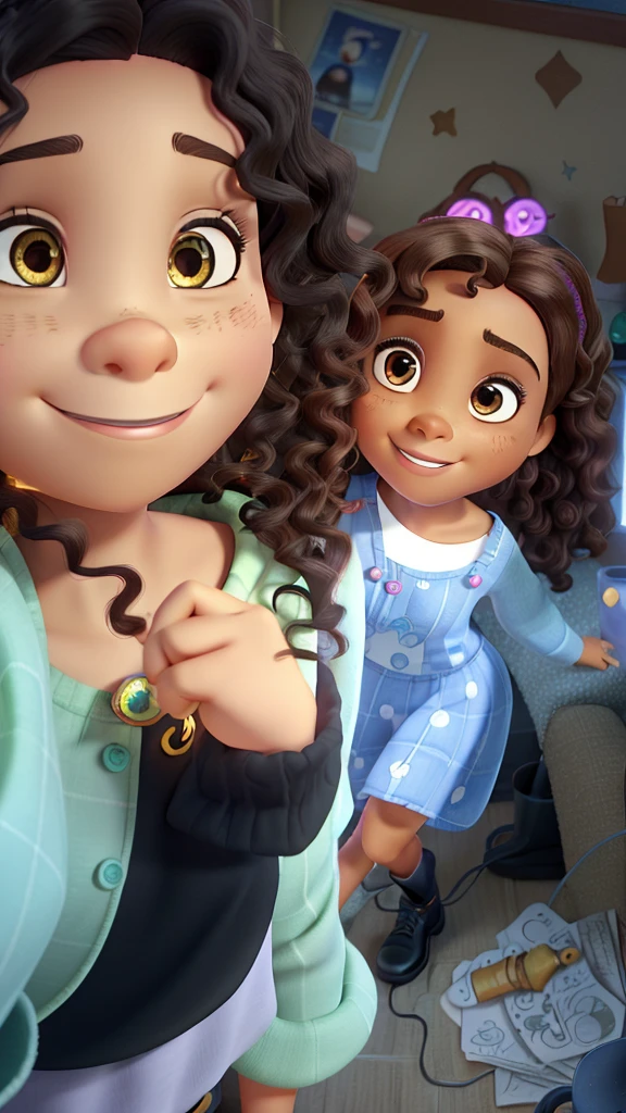 a poster for a pixar-style film featuring a black woman with light brown eyes, long very curly brown hair with light ends with text written in the same font as a Disney pixar film written nathiara with happy background high definition image Stop in front, illuminated by the light of a lamp, contra o pano de fundo de uma biblioteca