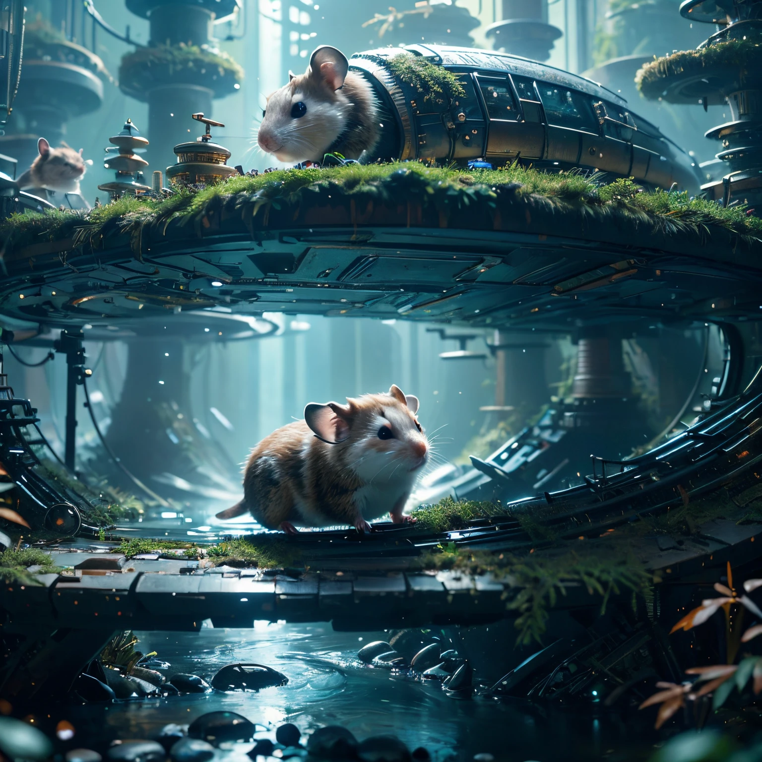 (future hamster:1.1),tmasterpiece，Basic Quality，realistically，offcial art，The content is very detailed，tmasterpiece，Best quality，（The is very detailed的 CG unified 8k 壁纸），（Best quality），（The best illustrations），（The best shadow），Very detailed pictures，（8K，Best quality），A stream flows through an abandoned city，Mechanical hamster in the stream，cyberpunk hamster，sci-fy，Gothic，hyper realisitc，（Luminous illumination， ambientlighting）， chilly， gloomily， magical，