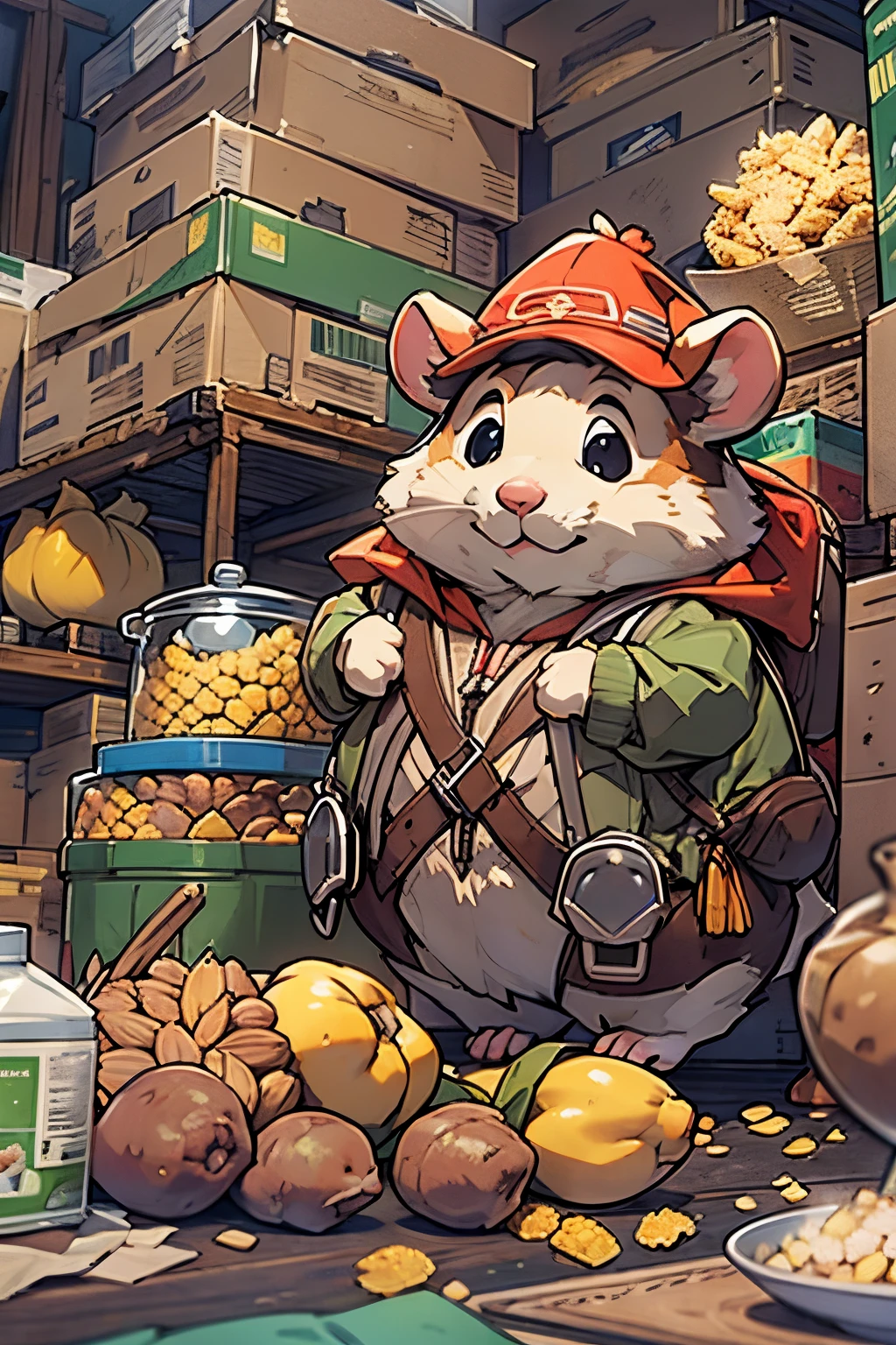 Q version，Chunky Hamster Adventurer，adventurer clothing，adventurer hat，backpacks，Low angle viewing angle，Huge warehouse，Rich in ingredients，potatoes，corn flake，soybean，appearance，pine nut，peanuts，walnuts，high saturated，hight contrast，vibrant with colors，hyper realisitc，ultra real photo，ultra - detailed，ultraclear，hyper-detailing，tmasterpiece