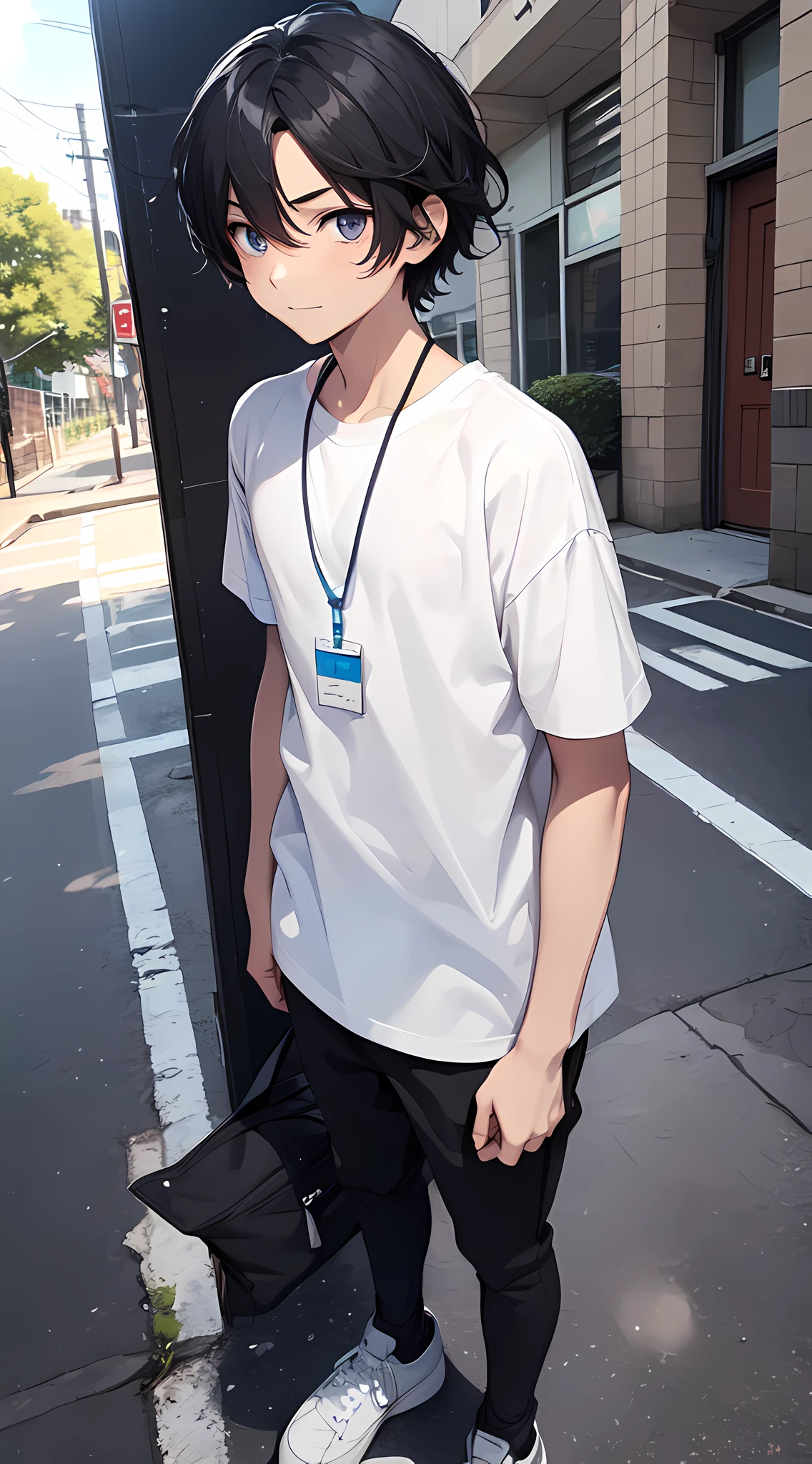 1boy, young male, ******, black hair, happy, solo, detailed eyes, clear eyes, quality eyes, masterpiece, (UntuckedShirt:1.2), UntuckedShirt, student, White t-shirt (plain white, blank white), short sleeves, long black pants, wearing blue lanyard, standing, whole body, full body, park, school, anime, line art anime