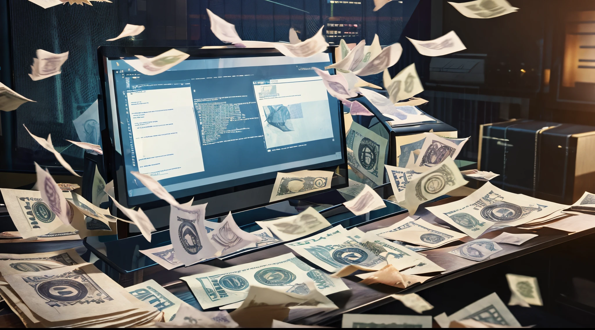 a software engineer/nerd who is trying to save money by optimizing code photorealistic, lots of paper money flying around, futuristic, sci-fi, high contrast, HDR, super detailed - Image #4 @polynomial --auto --s2