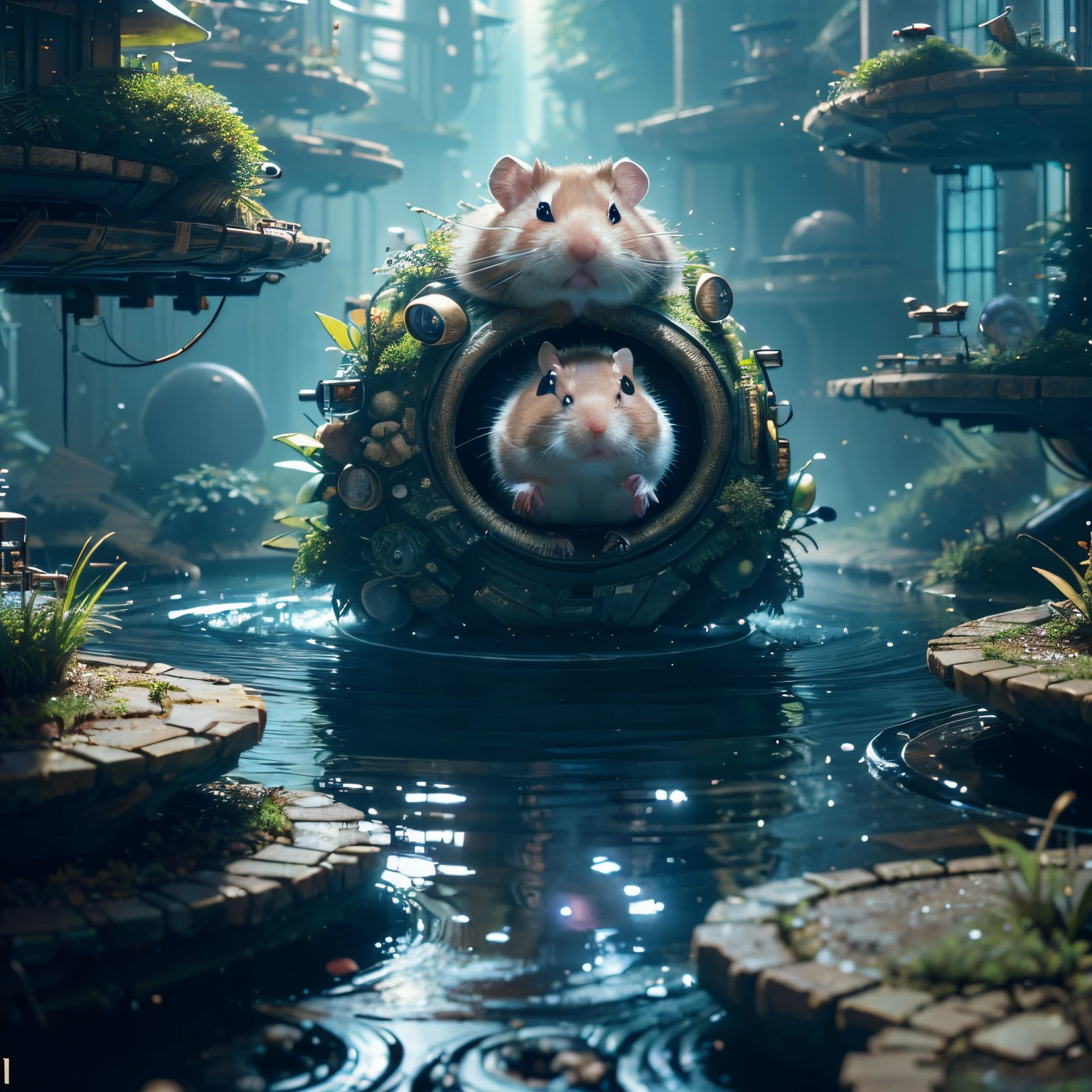 (future hamster:1.3),tmasterpiece，Basic Quality，realistically，offcial art，The content is very detailed，tmasterpiece，Best quality，（The is very detailed的 CG unified 8k 壁纸），（Best quality），（The best illustrations），（The best shadow），Very detailed pictures，（8K，Best quality），A stream flows through an abandoned city，Mechanical hamster in the stream，cyberpunk hamster，sci-fy，Gothic，hyper realisitc，（Luminous illumination， ambientlighting）， chilly， gloomily， magical，