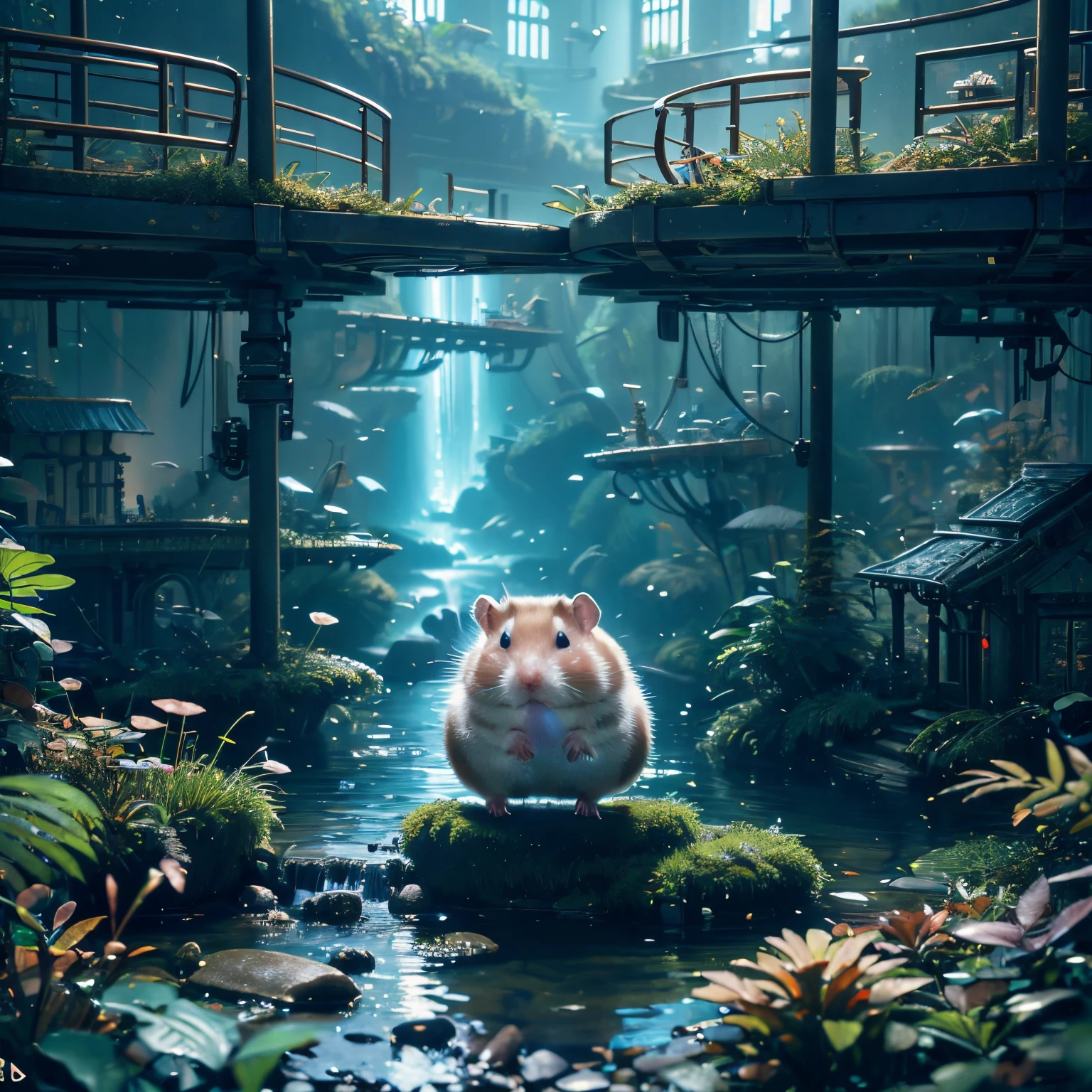 (future hamster:1.3),tmasterpiece,Basic Quality,realistically,offcial art,The content is very detailed,tmasterpiece,Best quality,(The is very detailed的 CG unified 8k 壁纸),(Best quality),(The best illustrations),(The best shadow),Very detailed pictures,(8K,Best quality),A stream flows through an abandoned city,Mechanical hamster in the stream,cyberpunk hamster,sci-fy,Gothic,hyper realisitc,(Luminous illumination, ambientlighting), chilly, gloomily, magical,