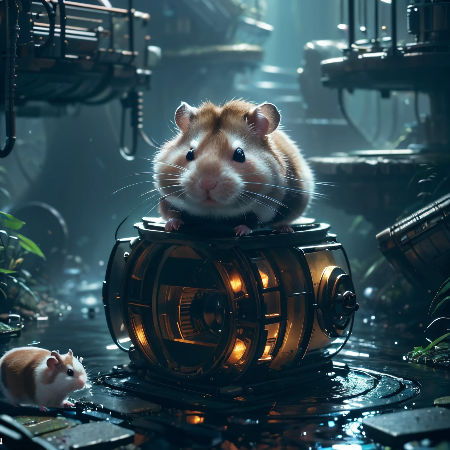 (future hamster:1.3),tmasterpiece，Basic Quality，realistically，offcial art，The content is very detailed，tmasterpiece，Best quality，（The is very detailed的 CG unified 8k 壁纸），（Best quality），（The best illustrations），（The best shadow），Very detailed pictures，（8K，Best quality），A stream flows through an abandoned city，Mechanical hamster in the stream，cyberpunk hamster，sci-fy，Gothic，hyper realisitc，（Luminous illumination， ambientlighting）， chilly， gloomily， magical，