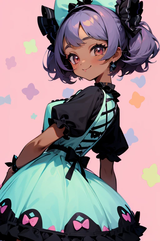 A black girl with, pastel ta dress, candy background, happy, kawaii, black skinned girl