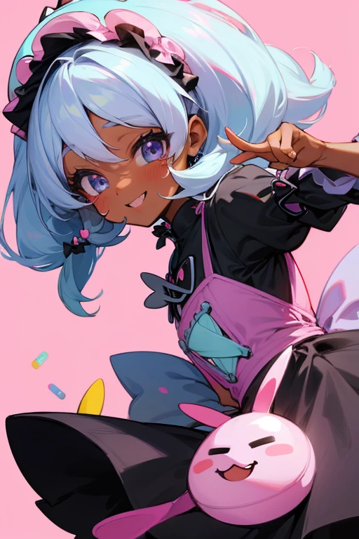 A black girl with, pastel lolita dress, candy background, happy, kawaii, black skinned girl