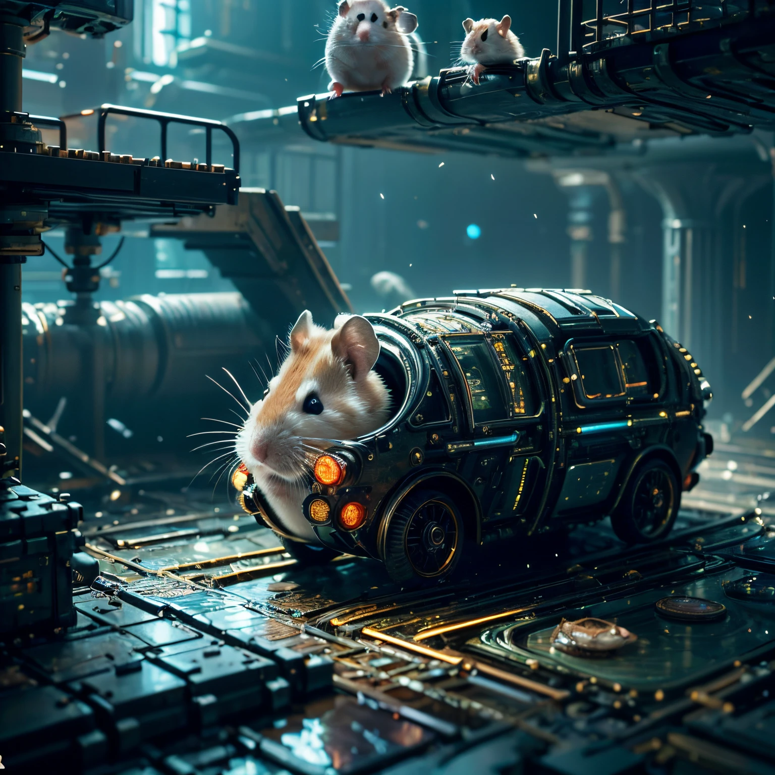 (future hamster:1.3),tmasterpiece,Basic Quality,realistically,offcial art,The content is very detailed,tmasterpiece,Best quality at best,(The is very detailed的 CG unified 8k 壁纸),(Best quality at best),(The best illustrations),(The best shadow),Very detailed pictures,(8K,Best quality at best),A stream flows through an abandoned city,Mechanical hamster in the stream,cyberpunk hamster,sci-fy,Gothic,hyper realisitc,(luminouslighting, ambientlighting), chilly, gloomily, magical,