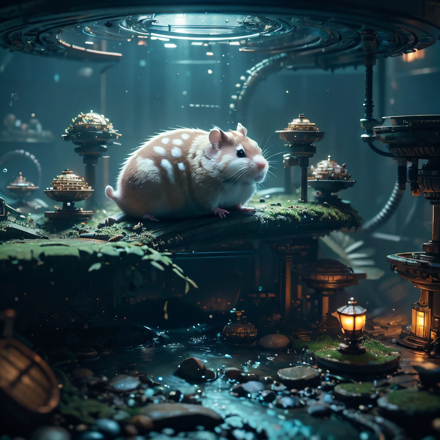 (future hamster:1.3),tmasterpiece，Basic Quality，realistically，offcial art，The content is very detailed，tmasterpiece，Best quality at best，（The is very detailed的 CG unified 8k 壁纸），（Best quality at best），（The best illustrations），（The best shadow），Very detailed pictures，（8K，Best quality at best），A stream flows through an abandoned city，Mechanical hamster in the stream，cyberpunk hamster，sci-fy，Gothic，hyper realisitc，（luminouslighting， ambientlighting）， chilly， gloomily， magical，