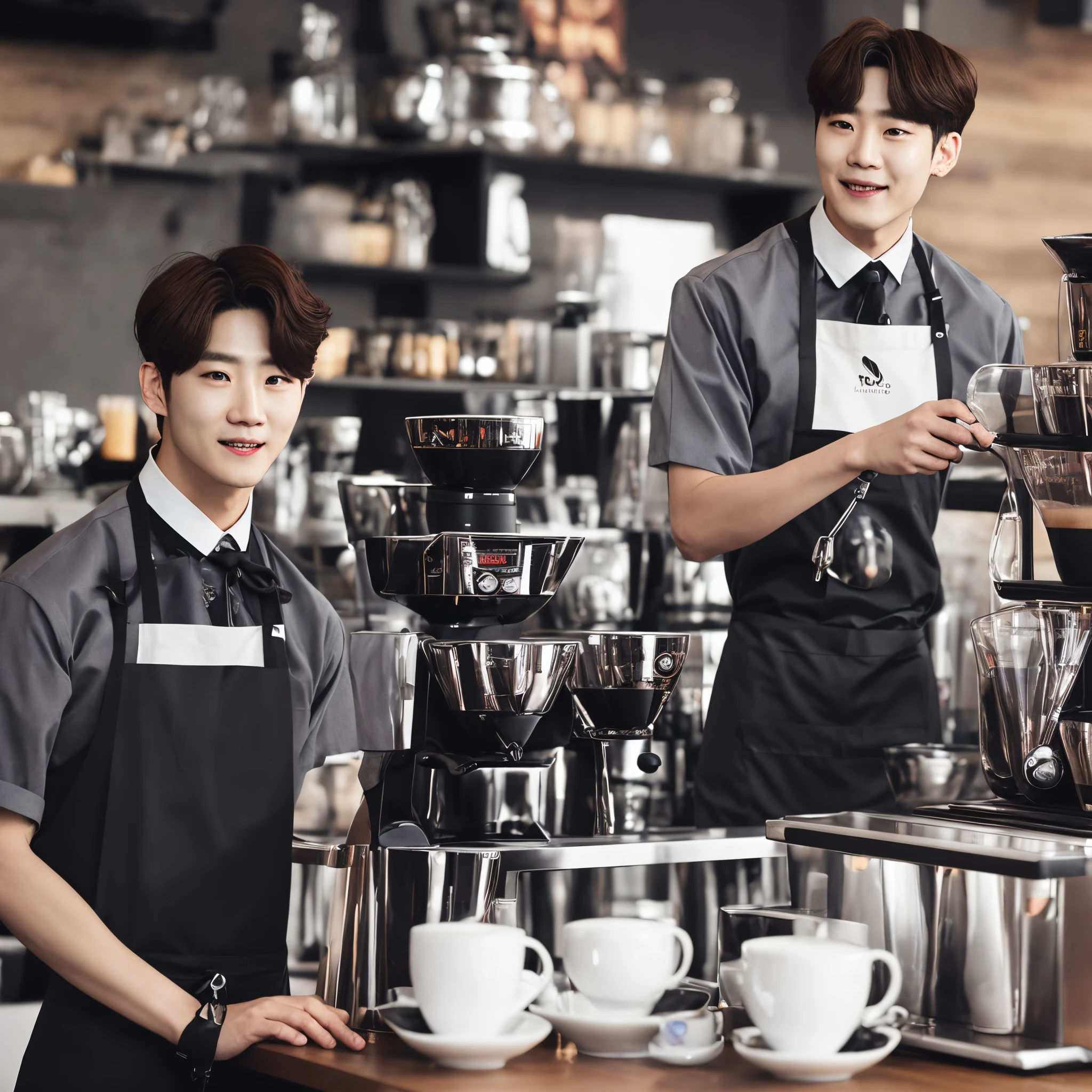 Taehyung bts, as a coffee barista, fotorrealista ultrahd, 8k