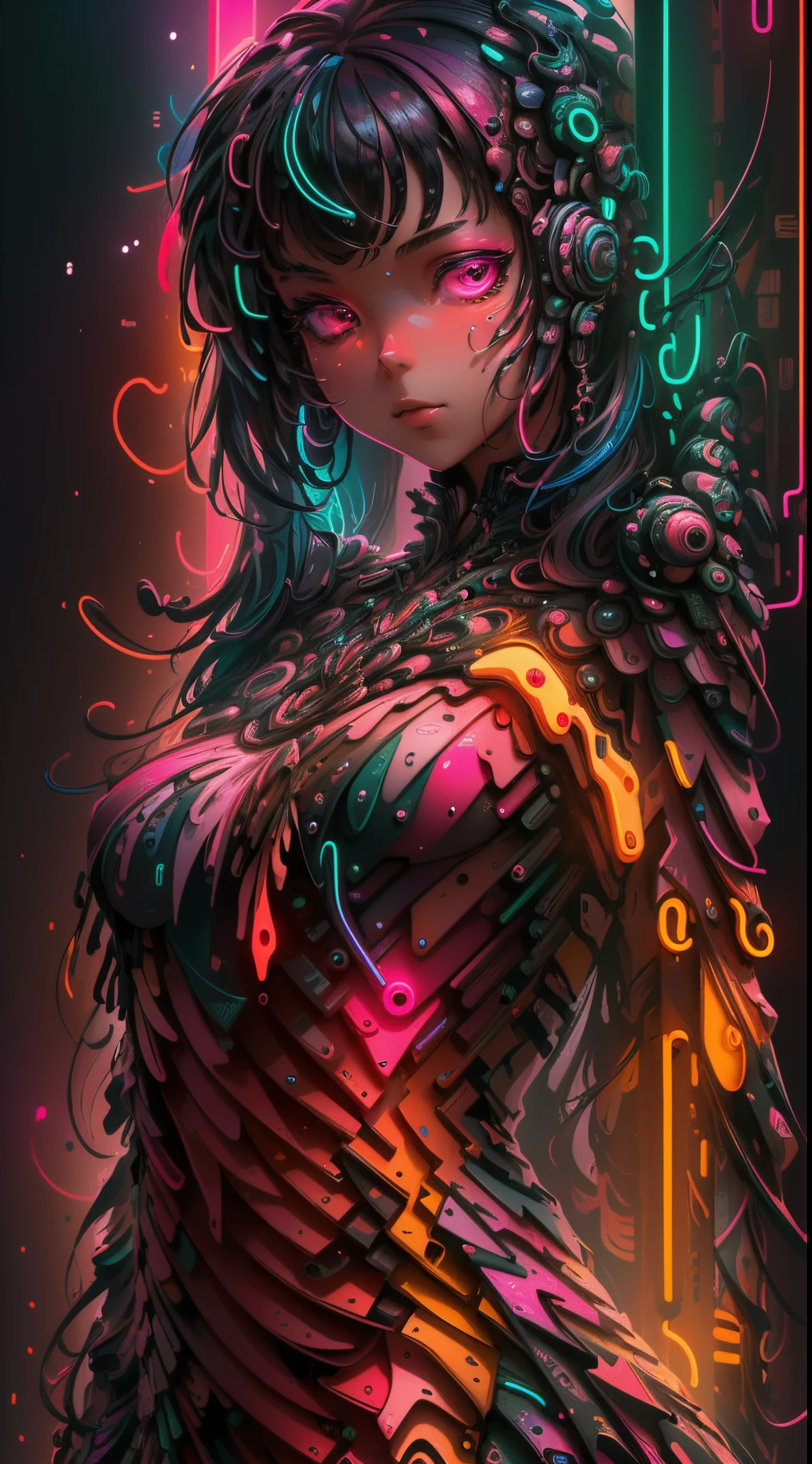 (masterpiece, top quality, best quality, official art, beautiful and aesthetic:1.2), (1girl:1.3), extremely detailed,(fractal art:1.2),colorful,highest detailed,( zentangle neon:1.2), (dynamic pose), (abstract background neon:1.5), (treditional dress:1.2), (shiny skin), (many colors:1.4), upper body ,Neon,16K,Full HD