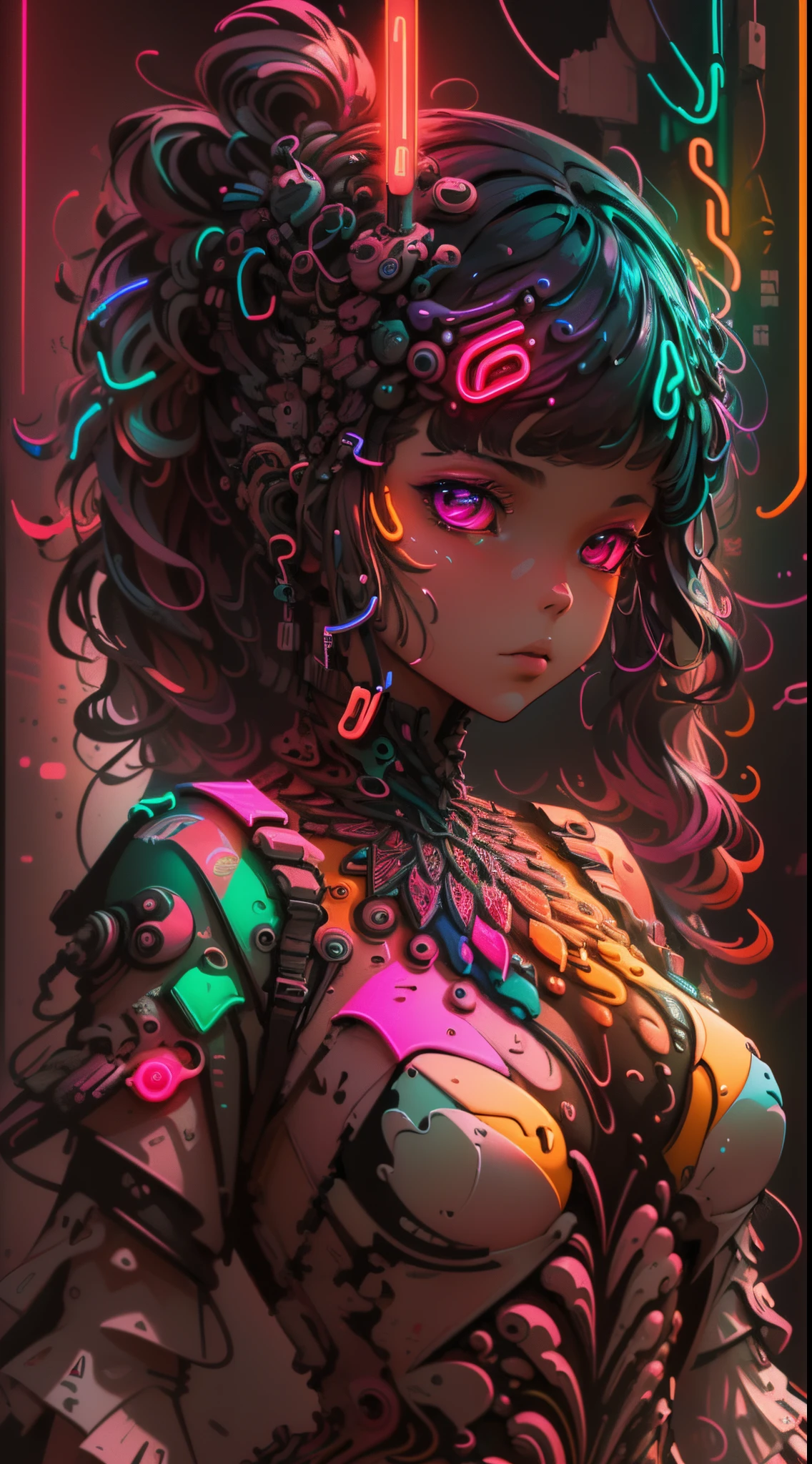 (masterpiece, top quality, best quality, official art, beautiful and aesthetic:1.2), (1girl:1.3), extremely detailed,(fractal art:1.2),colorful,highest detailed,( zentangle neon:1.2), (dynamic pose), (abstract background neon:1.5), (treditional dress:1.2), (shiny skin), (many colors:1.4), upper body ,Neon,16K,Full HD