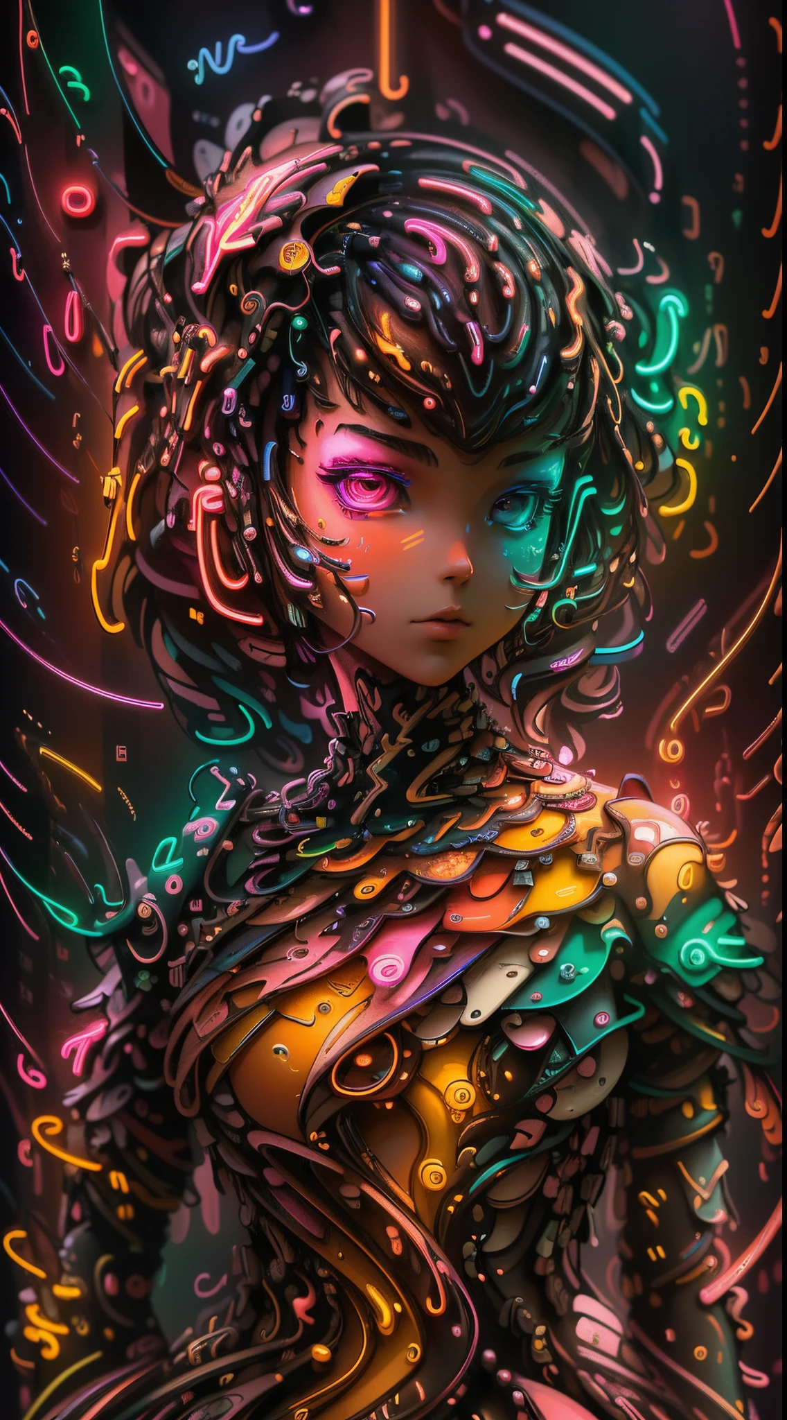 (masterpiece, top quality, best quality, official art, beautiful and aesthetic:1.2), (1girl:1.3), extremely detailed,(fractal art:1.2),colorful,highest detailed,( zentangle neon:1.2), (dynamic pose), (abstract background neon:1.5), (treditional dress:1.2), (shiny skin), (many colors:1.4), upper body ,Neon,16K,Full HD