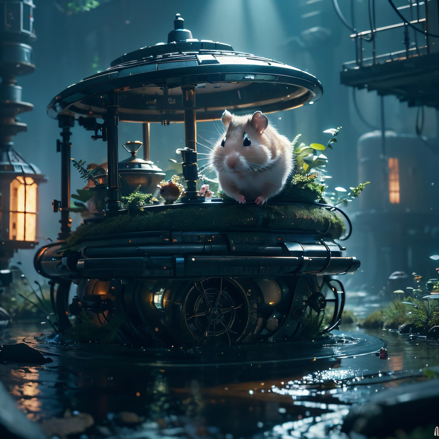 (future hamster:1.3),tmasterpiece，Basic Quality，realistically，offcial art，The content is very detailed，tmasterpiece，Best quality，（The is very detailed的 CG unified 8k 壁纸），（Best quality），（The best illustrations），（The best shadow），Very detailed pictures，（8K，Best quality），A stream flows through an abandoned city，Mechanical hamster in the stream，cyberpunk hamster，sci-fy，Gothic，hyper realisitc，（Luminous illumination， ambientlighting）， chilly， gloomily， magical，