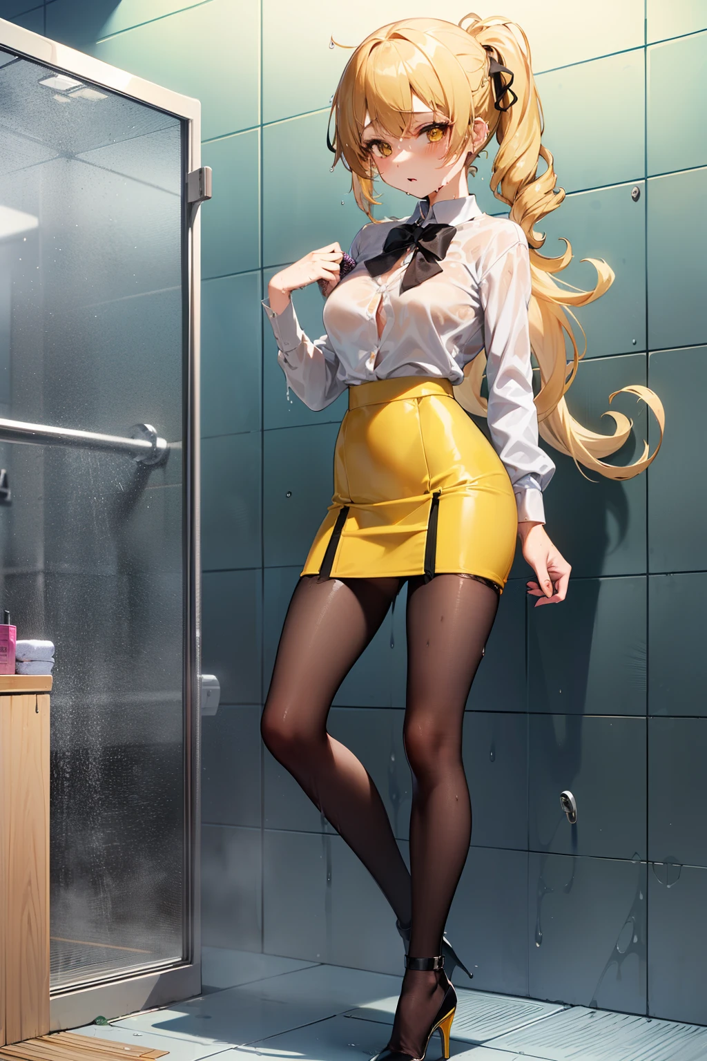masutepiece, Best Quality, 1girl in, (Mami Tomoe), Blonde hair, poneyTail, length hair, (Yellow eyes:1.2),((Shower room))、((Black bra))、((pencil skirts))、((Office Suits))、((Blouse))、((Black miniskirt))、((pantyhose))、((high-heels))、((Whole body gets wet))、((sodden))
