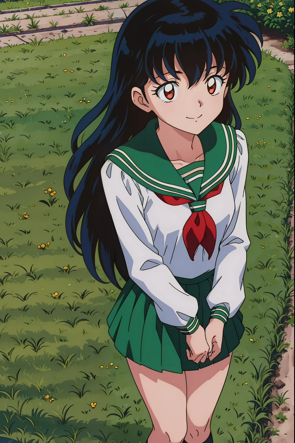 Best Quality, 巨作,1girl, ((anime)) ((Colored)) HD, Kagome Higurashi, 1girl, school uniforms, Standing, Green skirt, long  hair, Black hair between the eyes, long  hair, Red scarf, chest, smile, Full body, wallpaper, mini skirt, Skinny thighs