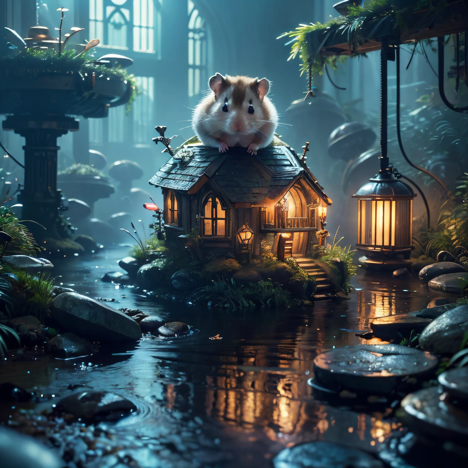 (future hamster:1.3),tmasterpiece,Basic Quality,realistically,offcial art,The content is very detailed,tmasterpiece,Best quality,(The is very detailed的 CG unified 8k 壁纸),(Best quality),(The best illustrations),(The best shadow),Very detailed pictures,(8K,Best quality),A stream flows through an abandoned city,Mechanical hamster in the stream,cyberpunk hamster,sci-fy,Gothic,hyper realisitc,(Luminous illumination, ambientlighting), chilly, gloomily, magical,