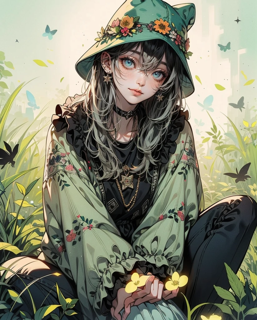 , 8k, sunny day, floral, happy, smiling, beautiful hat, ((light blue eyes)) embroidery, enchanted, fireflies, , white-dress, day, beautiful aesthetic dress, sweet looking, midjourney, close-up, niji, 1,