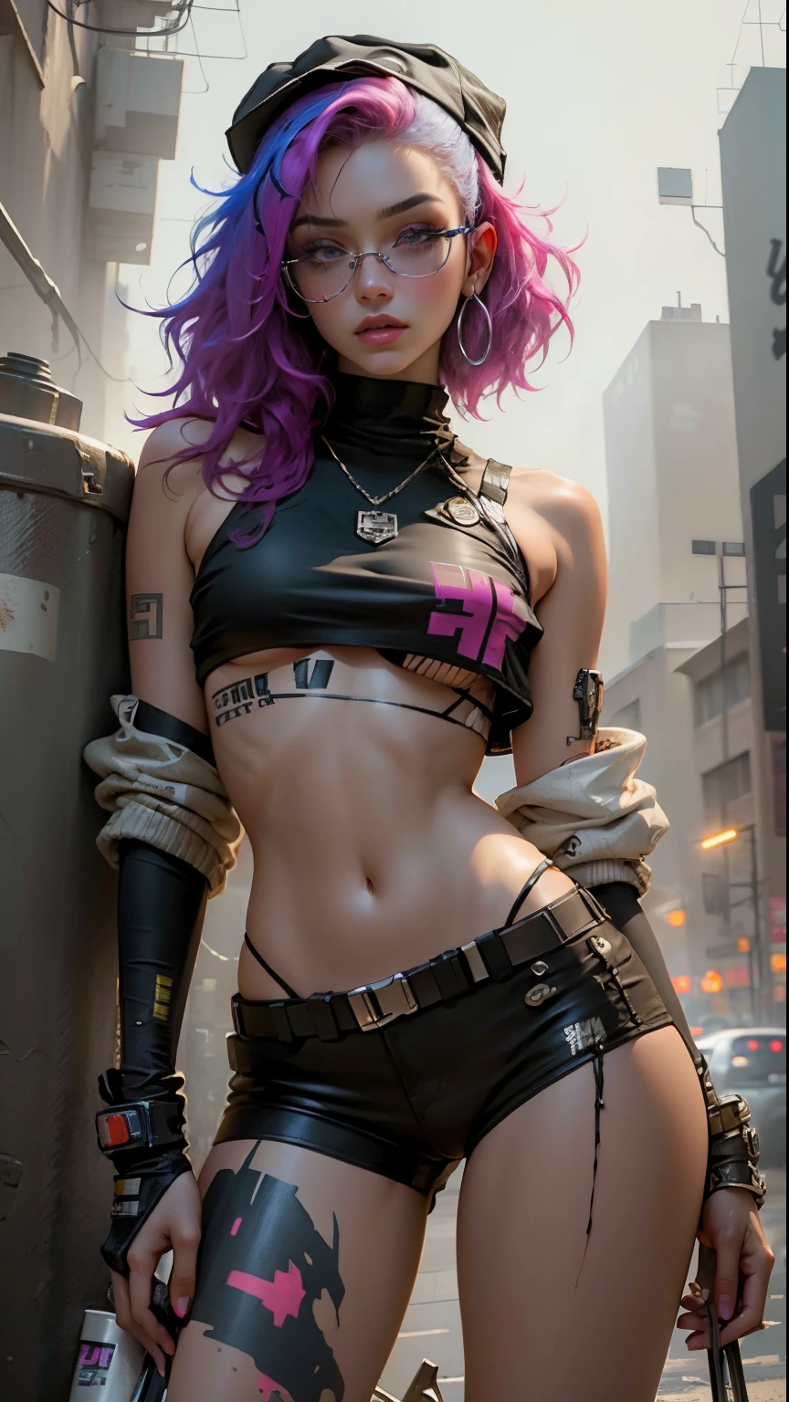 Beautiful woman with medium hair, wearing hat, cyberpunk style short clothes, crop top, heavy hand painting