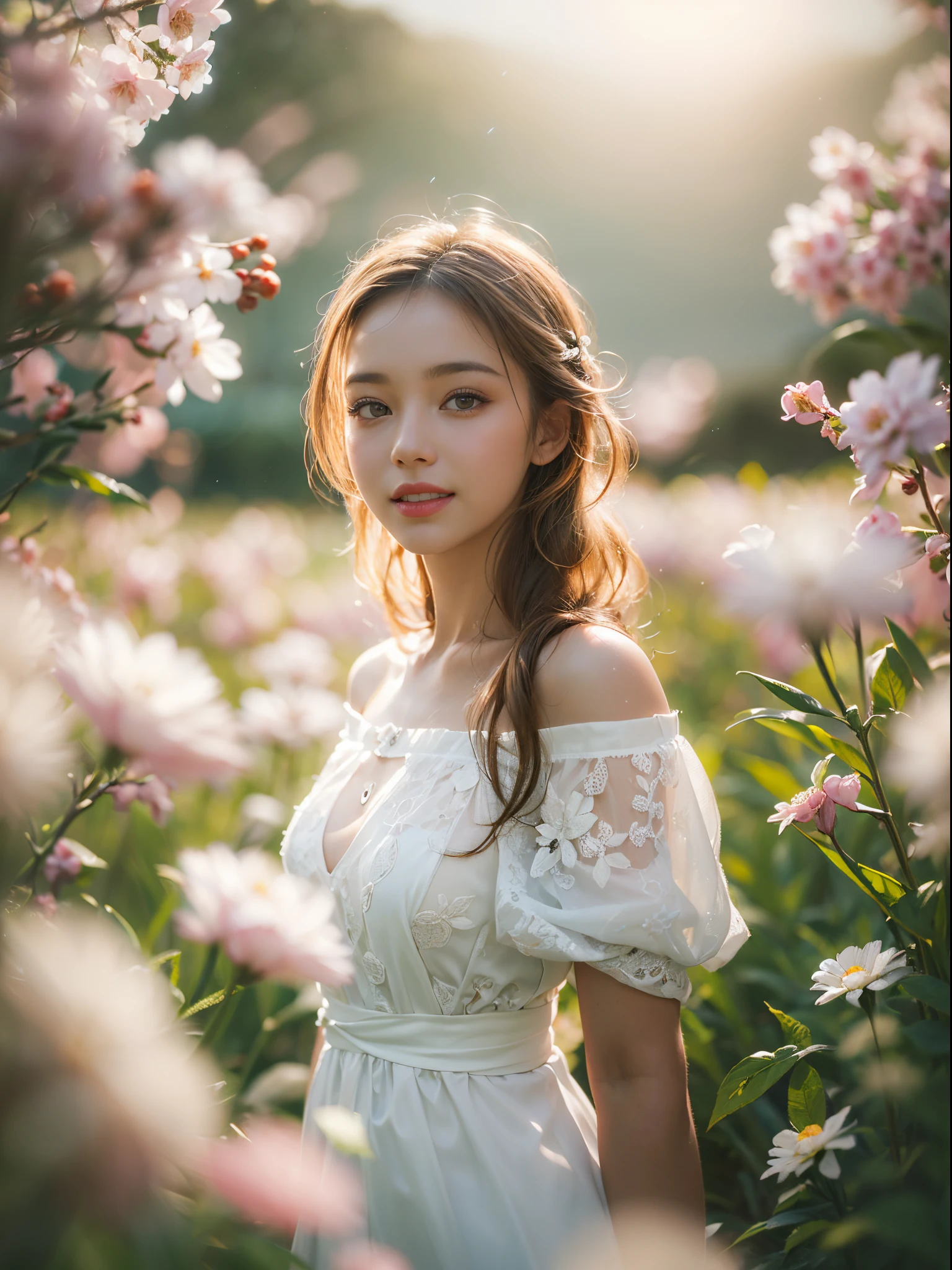 (8k, RAW, professional, best quality, masterpiece:1.2), (realistic, photorealistic:1.4), (anamorphic lens), (lens flare), (long exposure), raw photo, 1girl, white dress, off shoulder, blossom flower field, glowing skin, light smile