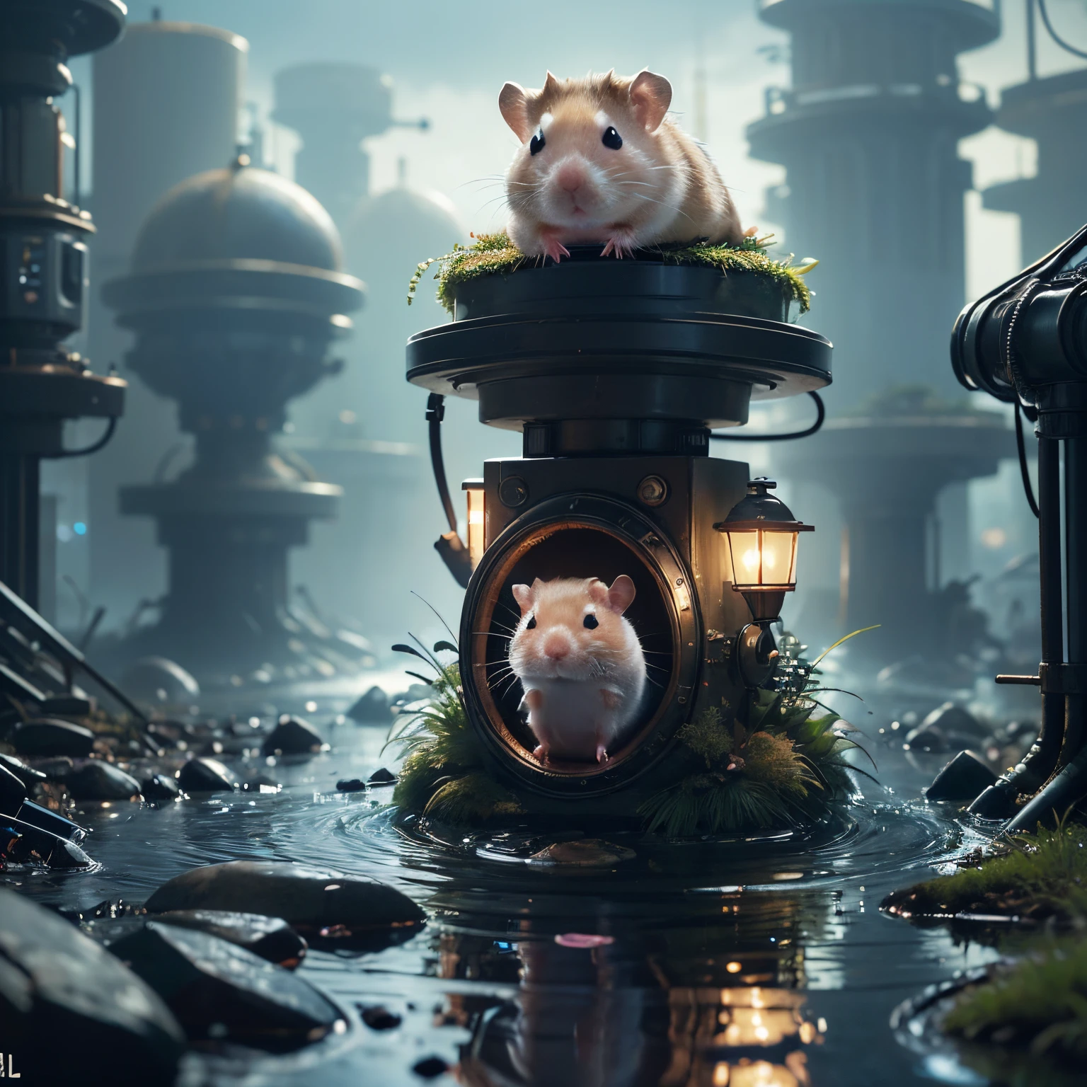 (future hamster:1.3),tmasterpiece，Basic Quality，realistically，offcial art，The content is very detailed，tmasterpiece，Best quality，（The is very detailed的 CG unified 8k 壁纸），（Best quality），（The best illustrations），（The best shadow），Very detailed pictures，（8K，Best quality），A stream flows through an abandoned city，Mechanical hamster in the stream，cyberpunk hamster，sci-fy，Gothic，hyper realisitc，（Luminous illumination， ambientlighting）， chilly， gloomily， magical，