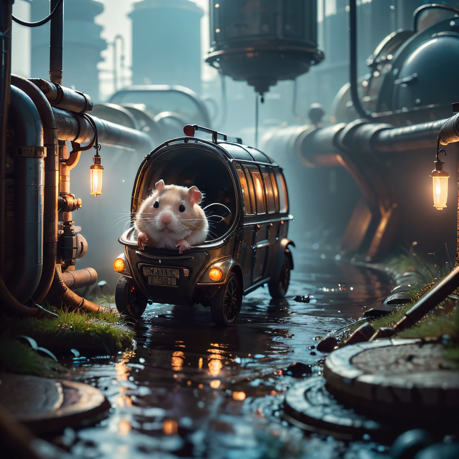 (future hamster:1.3),tmasterpiece,Basic Quality,realistically,offcial art,The content is very detailed,tmasterpiece,Best quality,(The is very detailed的 CG unified 8k 壁纸),(Best quality),(The best illustrations),(The best shadow),Very detailed pictures,(8K,Best quality),A stream flows through an abandoned city,Mechanical hamster in the stream,cyberpunk hamster,sci-fy,Gothic,hyper realisitc,(Luminous illumination, ambientlighting), chilly, gloomily, magical,