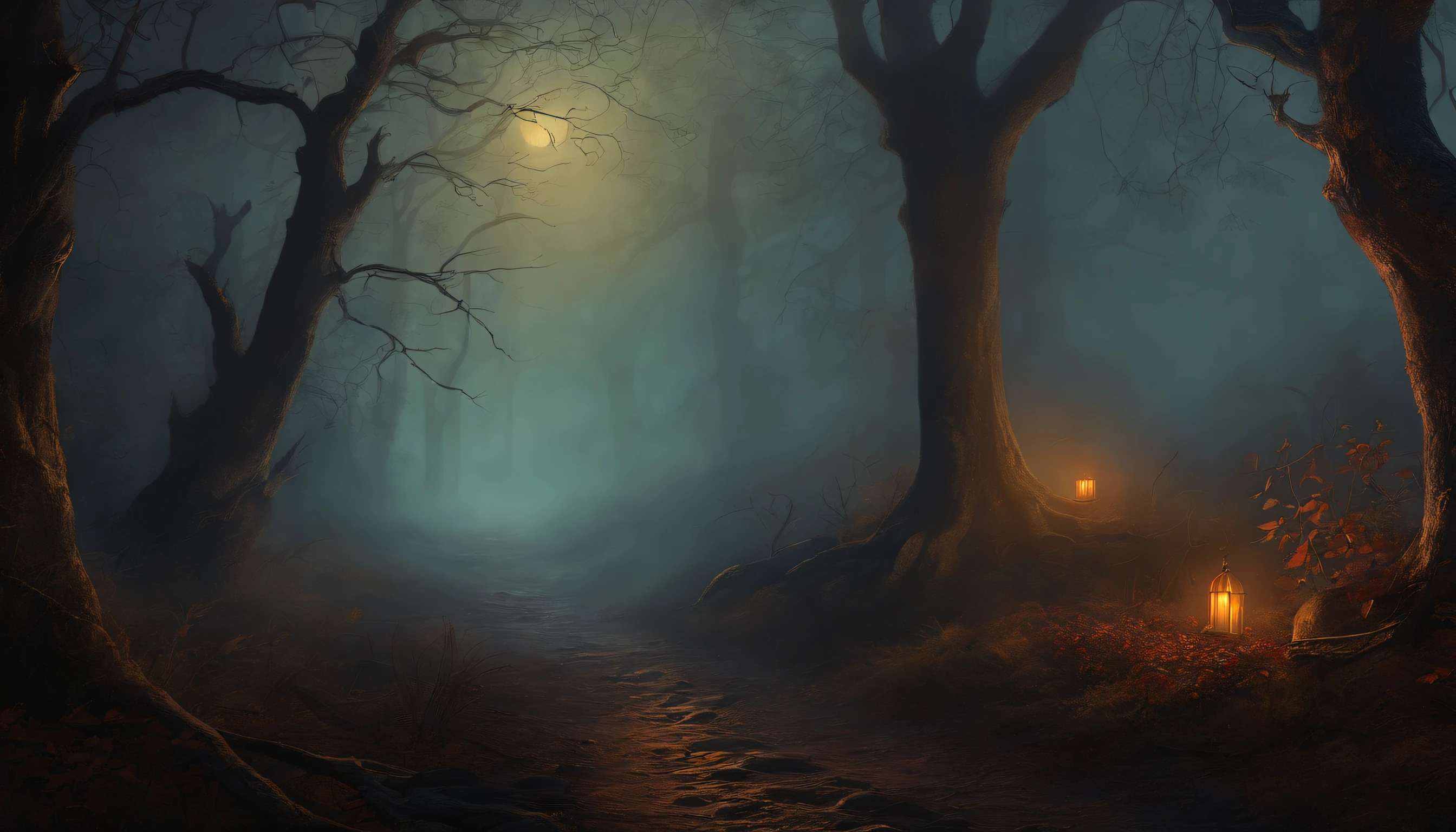 Halloween vintage dark gothic painting. Design of a dark forest with fog, Full of skulls and tombs.