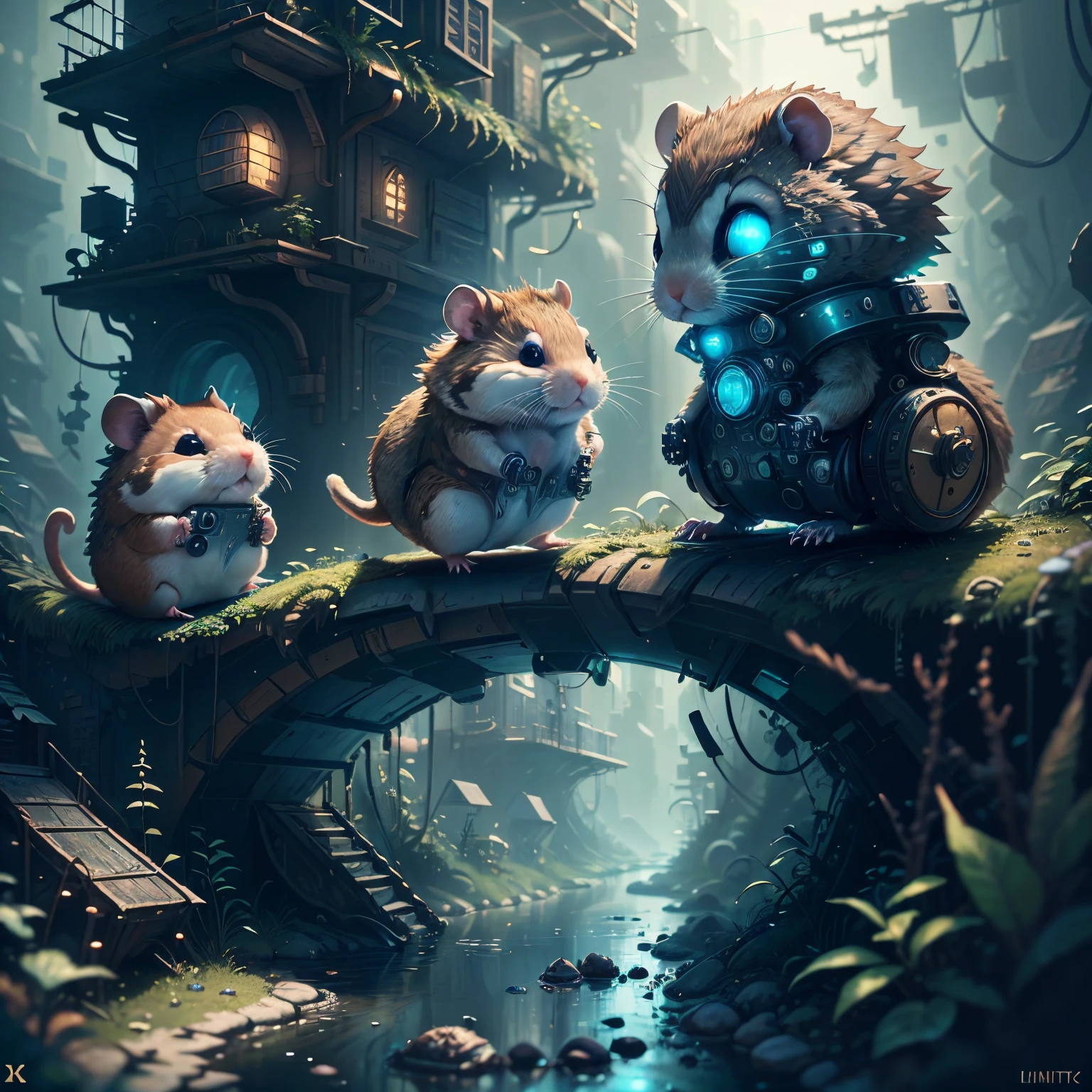 (future hamster:1.3),tmasterpiece，Basic Quality，realistically，offcial art，The content is very detailed，tmasterpiece，Best quality，（The is very detailed的 CG unified 8k 壁纸），（Best quality），（The best illustrations），（The best shadow），Very detailed pictures，（8K，Best quality），A stream flows through an abandoned city，Mechanical hamster in the stream，cyberpunk hamster，sci-fy，Gothic，hyper realisitc，（Luminous illumination， ambientlighting）， chilly， gloomily， magical，