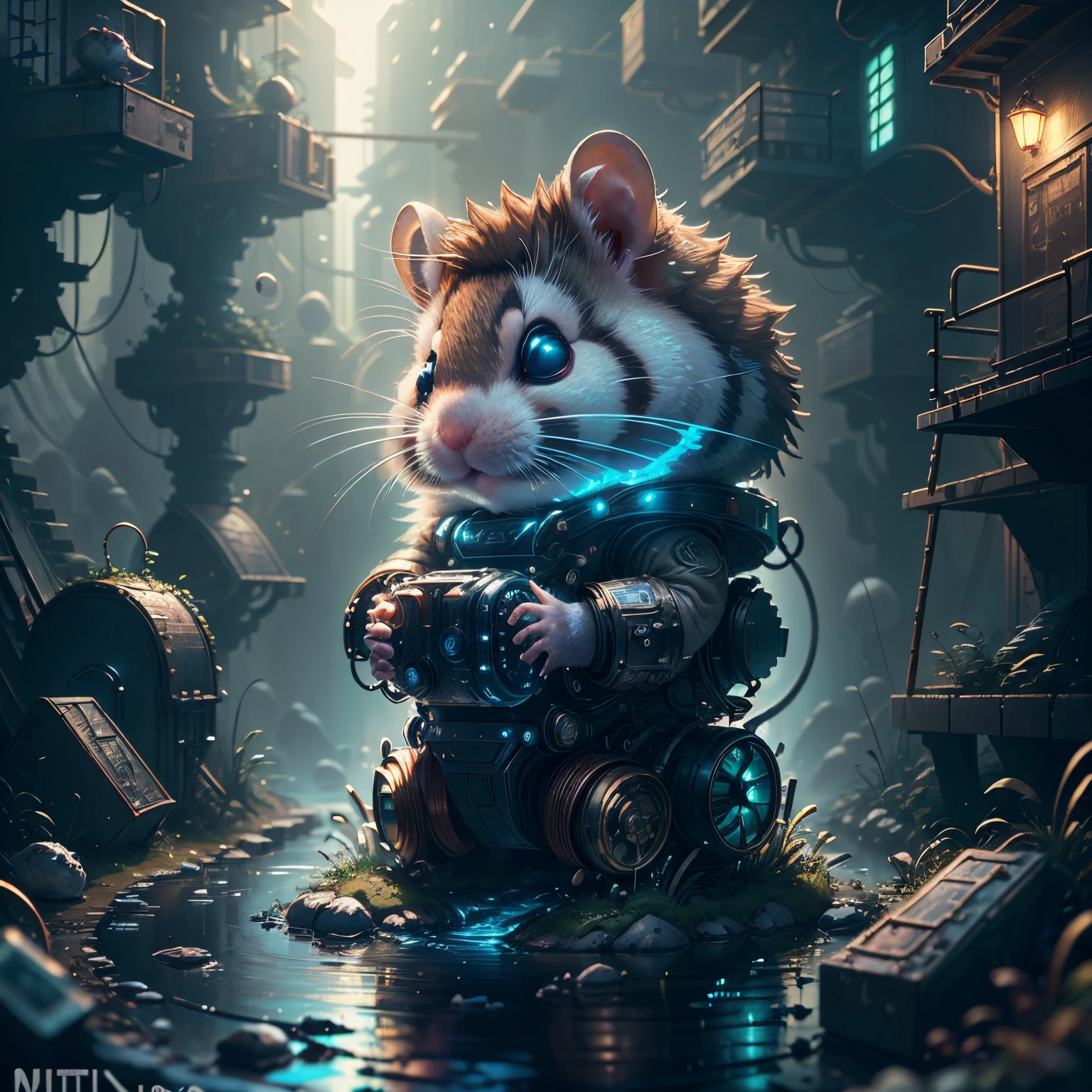 (future hamster:1.3),tmasterpiece，Basic Quality，realistically，offcial art，The content is very detailed，tmasterpiece，Best quality，（The is very detailed的 CG unified 8k 壁纸），（Best quality），（The best illustrations），（The best shadow），Very detailed pictures，（8K，Best quality），A stream flows through an abandoned city，Mechanical hamster in the stream，cyberpunk hamster，sci-fy，Gothic，hyper realisitc，（Luminous illumination， ambientlighting）， chilly， gloomily， magical，
