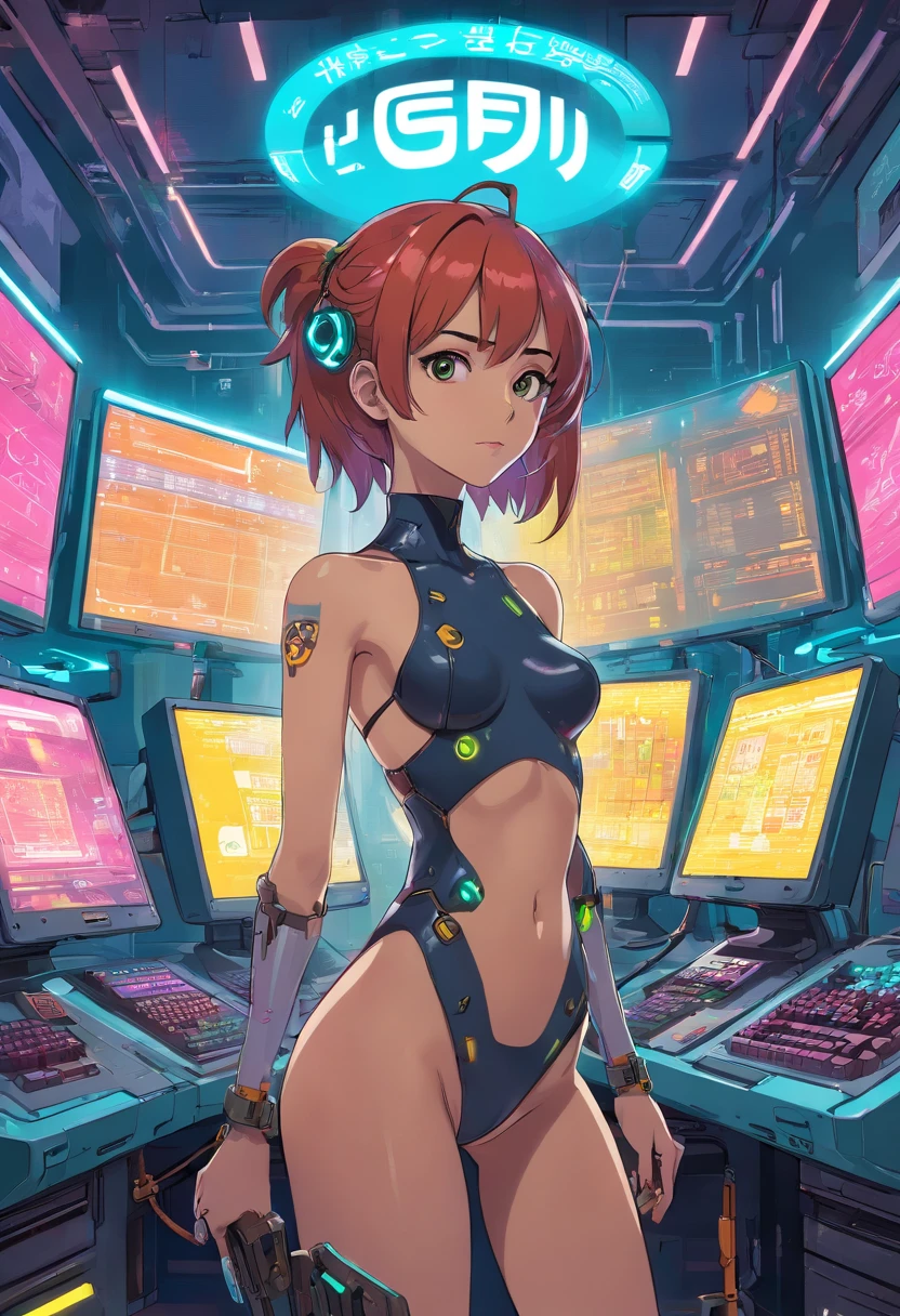 Topless woman cyberpunk gamer girl in a futuristic trading room.