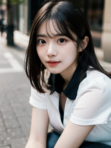 NSFW, (masterpiece, best quality, photo realistic, official art:1.4), (UHD, 8K quality wallpaper, High resolution, RAW photo:1.2), (shiny skin), professional lighting, physically-based rendering, Award-winning, highly detailed skin, (extremely detailed face and eyes, clear pupils), Carl Zeiss 85 mm F/1.4, BREAK, 1girl, solo, fascinated 20-year-old Korean girl, (Nogizaka idol:0.6), (K-pop idol:0.8), (glossy black hair, chignon), rounded face, soft smiling, (detailed teeth:0.3), collared white shirt, collar bones, (breasts emphasized, well shaped medium breasts), skinny jeans, sneakers, (looking at camera), BREAK, at Aoyama street, (crouching down like a gravure pose:1.3), (portrait, extreme close shot, face focus:1.2), depth of field, view from forward, view from above,