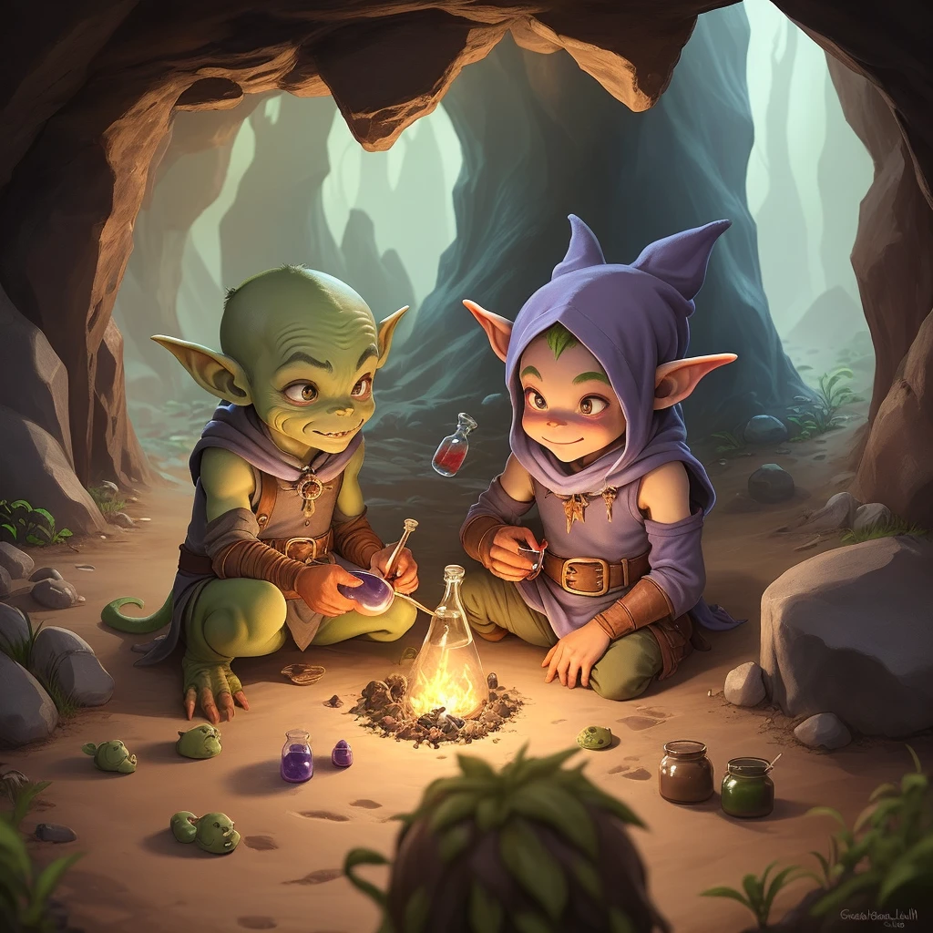 2 goblins making potions in a cave
