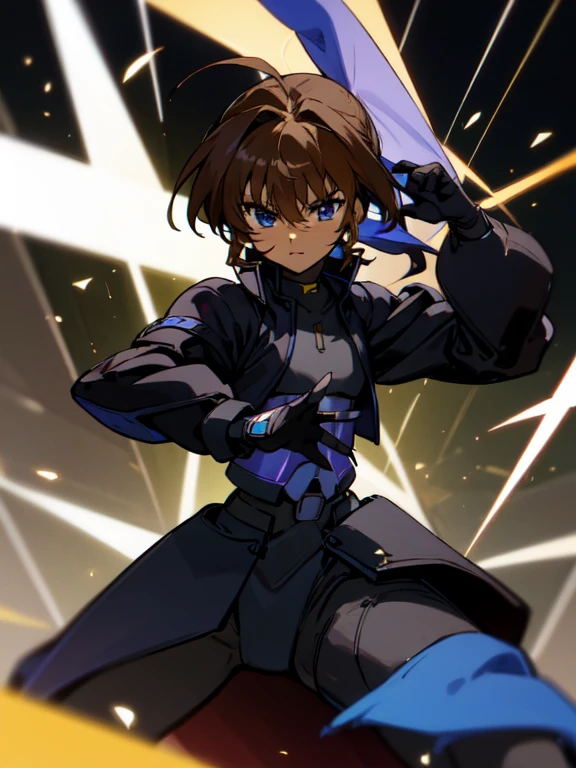 Masterpiece, high res, 4k, (male) (Magical girl lyrical nanoha) wearing a black magic barrier jacket armour, black bodysuit, dark skin, otokonoko, medium dark brown hair, beautiful blue eyes, (flat chested), cute, black gloves, fighting pose,