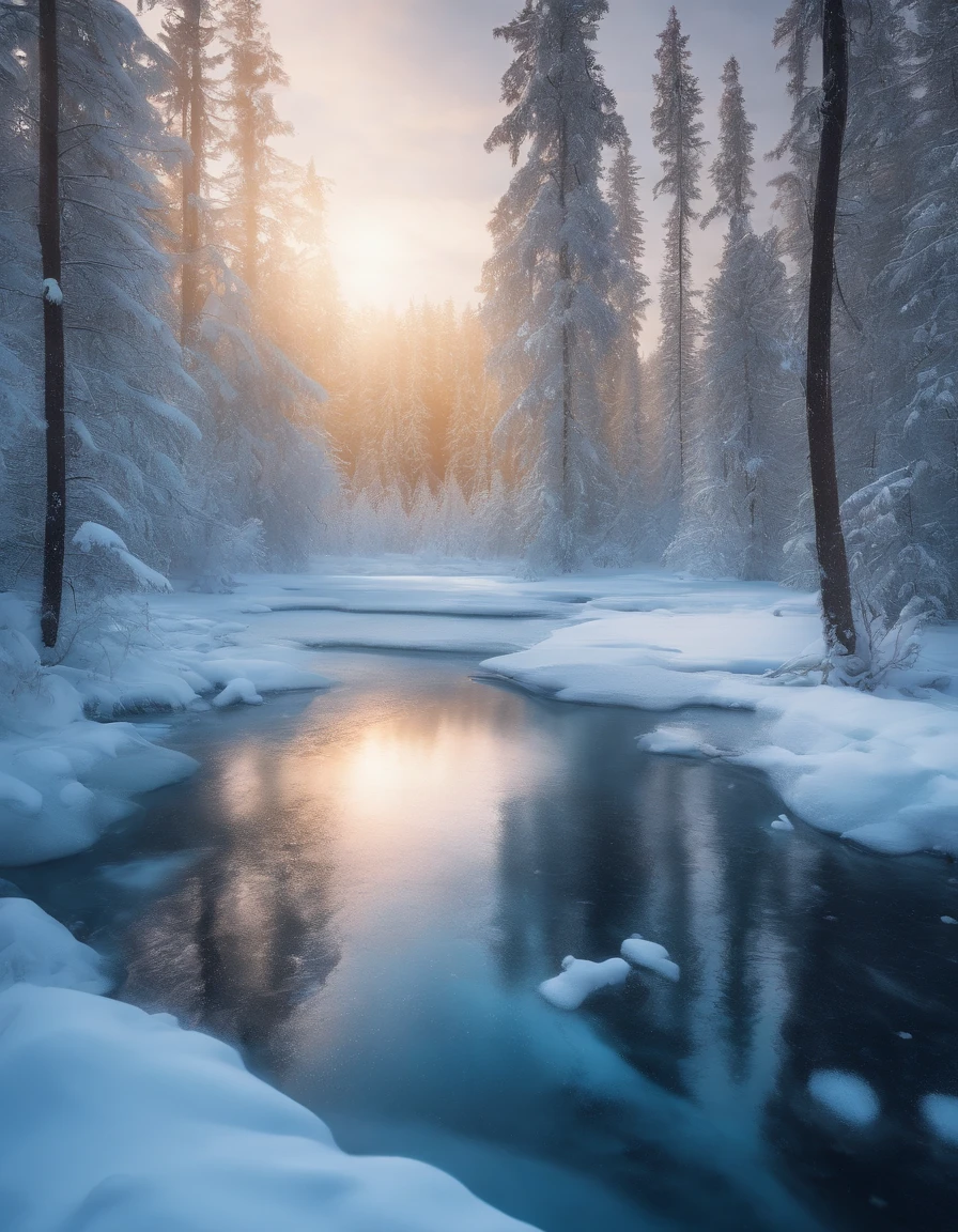 small lake surrounded by a frozen taiga forest, snow on the trees, winter, complex details, masterpiece, unreal atmosphere, cinematographic lighting, sharp focus, 4k, photo, digital art, fantasy style