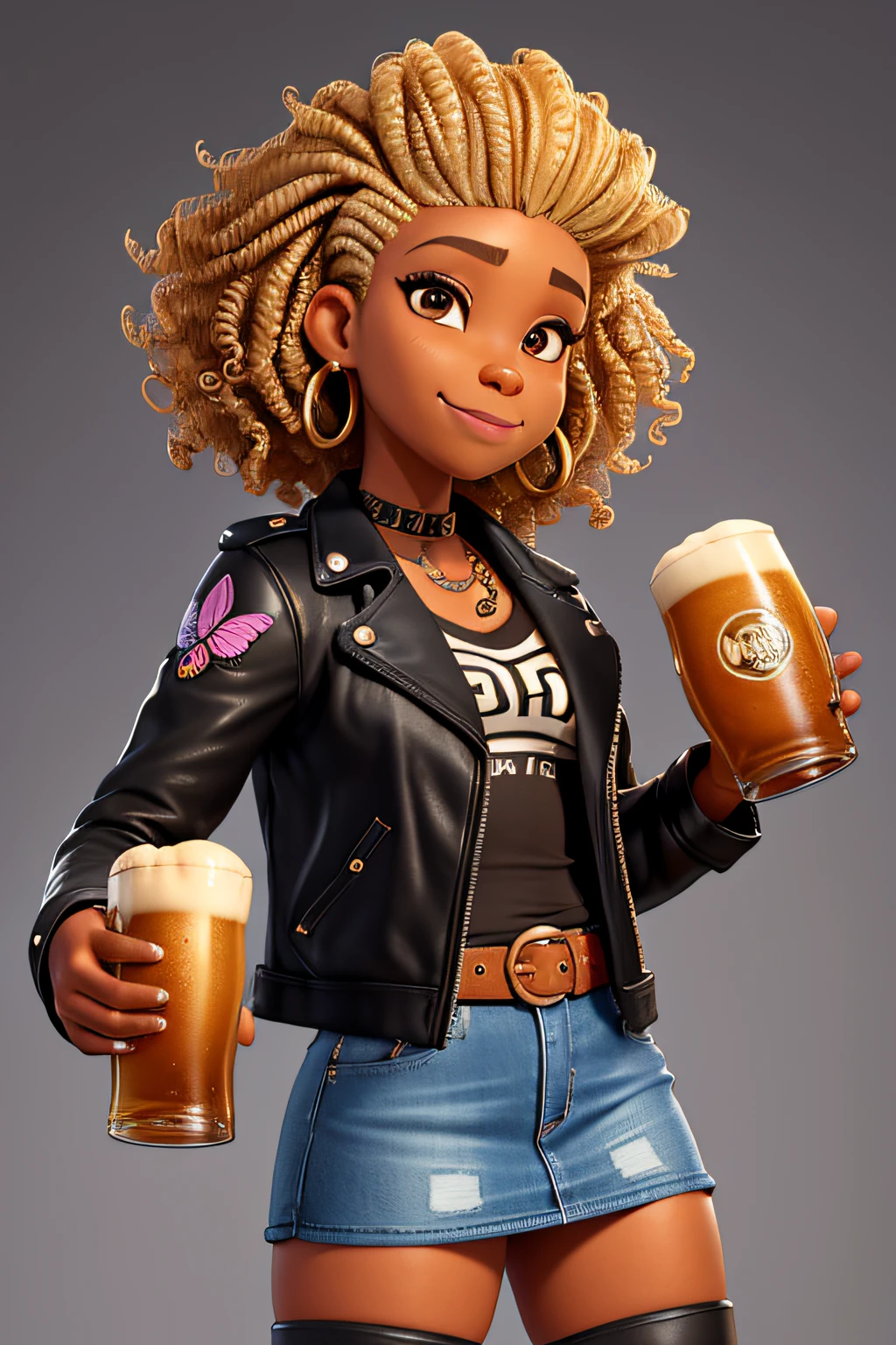 Mulher negra de 30 anos com cabelos loiros cacheados raspados nas laterais, elegant man with a mug of beer in his hand, com botas de combate pretas, uma jaqueta de couro preta, com saia jeans curta, Accessories, com uma tatuagem de borboleta na canela, com um piercing no septo, olhos castanhos, boca cheia, em um fundo representando um pequeno pub