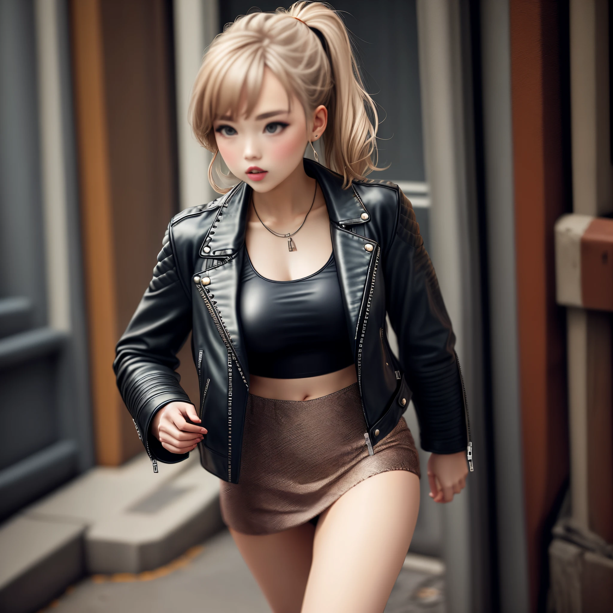 The character costume is KPOP, Hallyu, K-pop anime art style, Hallyu frontline style, Hallyu art style, kpop style, official artwork, Chibi art, Pisif, Blackpink style, cute. KPOP artwork in various poses, The popularity of Pisif art station, lingerie, chibi, No watermark, Yellow miniskirt close to the body, open orange jacket, very short light blue top,