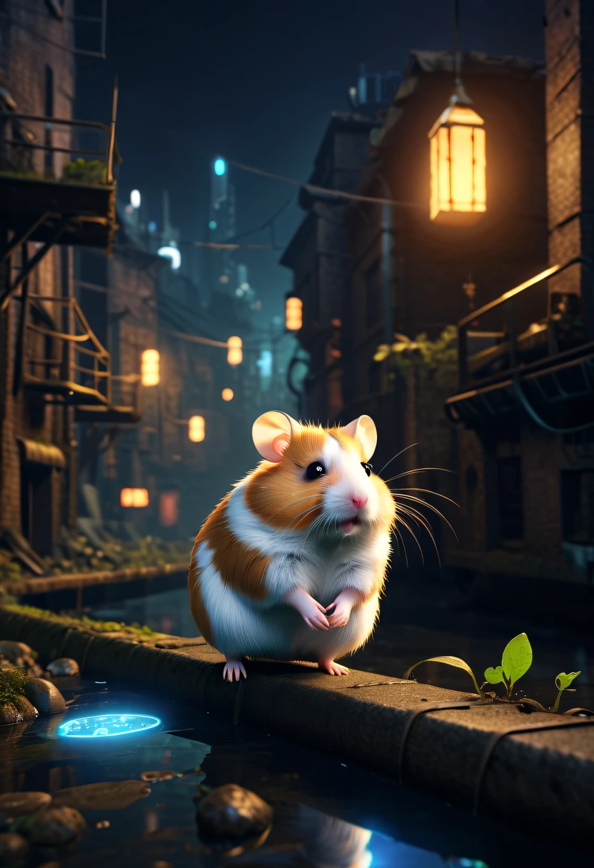 (future hamster:1.3),tmasterpiece,Basic Quality,realistically,offcial art,The content is very detailed,tmasterpiece,Best quality at best,(The is very detailed的 CG unified 8k 壁纸),(Best quality at best),(The best illustrations),(The best shadow),Very detailed pictures,(8K,Best quality at best),A stream flows through an abandoned city,Mechanical hamster in the stream,cyberpunk hamster,sci-fy,Gothic,hyper realisitc,(luminouslighting, ambientlighting), chilly, gloomily, magical,