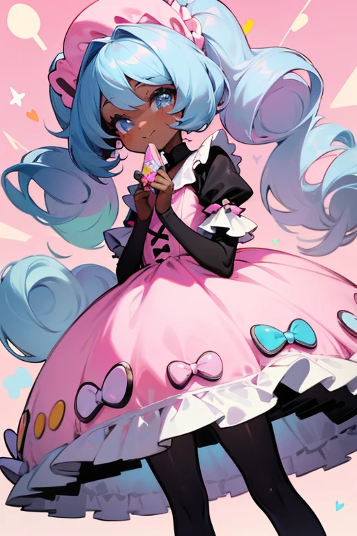 A black girl with,big pastel lolita dress, candy background, happy, kawaii, black skinned girl